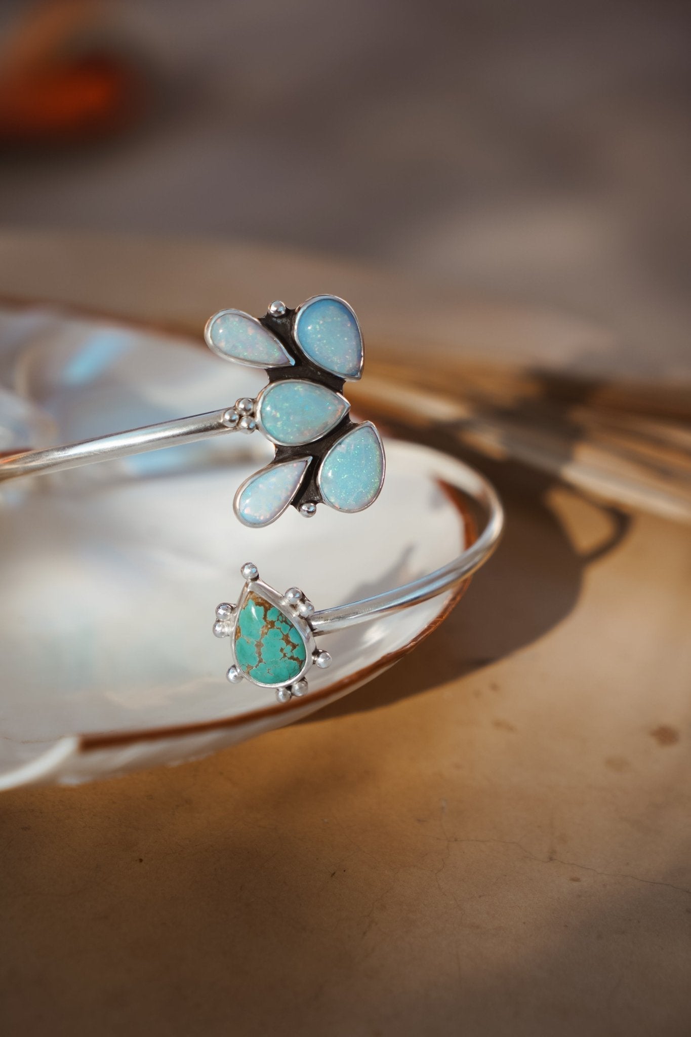 Boho Arm Band in Sterling Opal + Turquoise - Golden Road Crafted