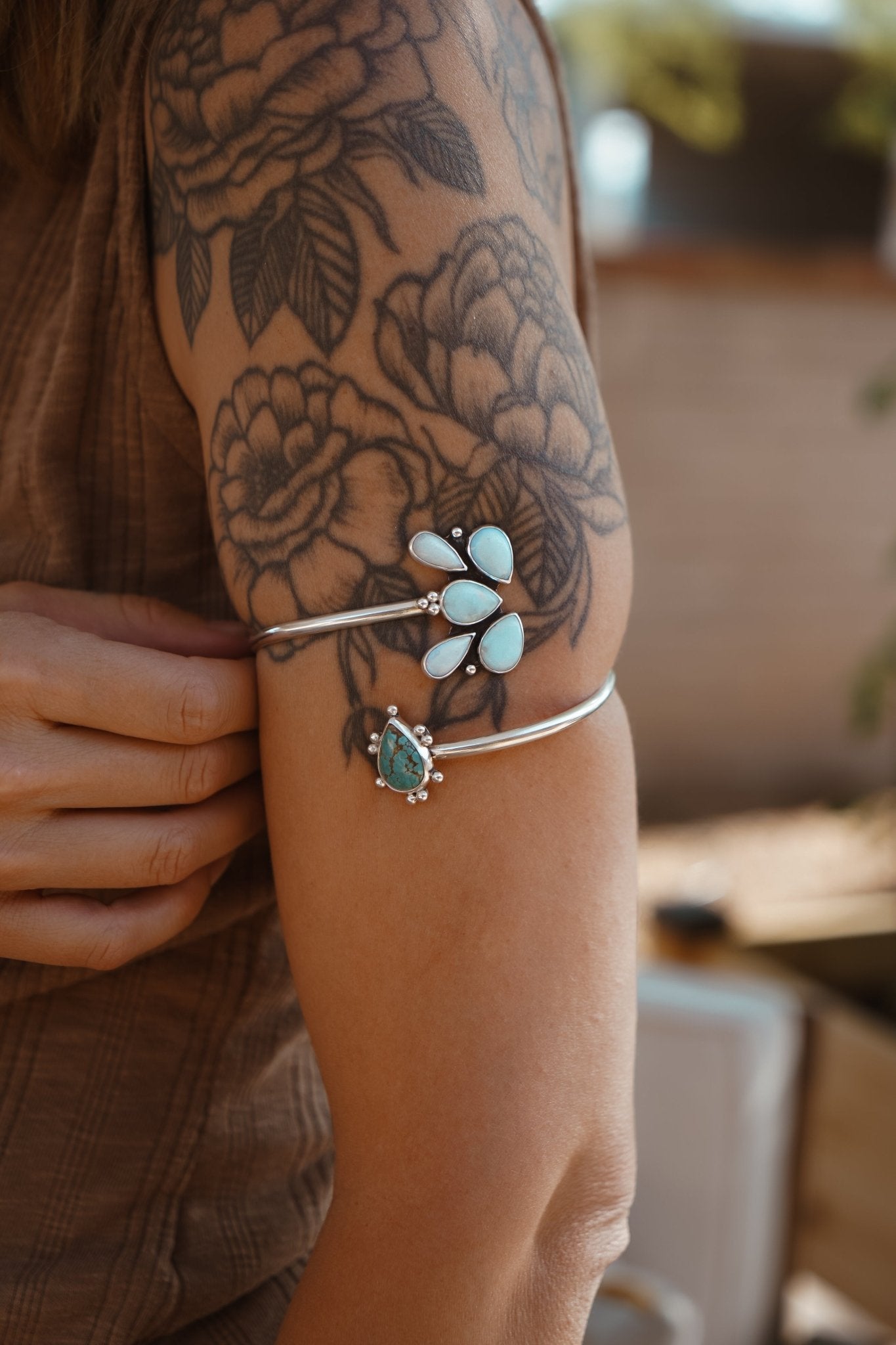 Boho Arm Band in Sterling Opal + Turquoise - Golden Road Crafted