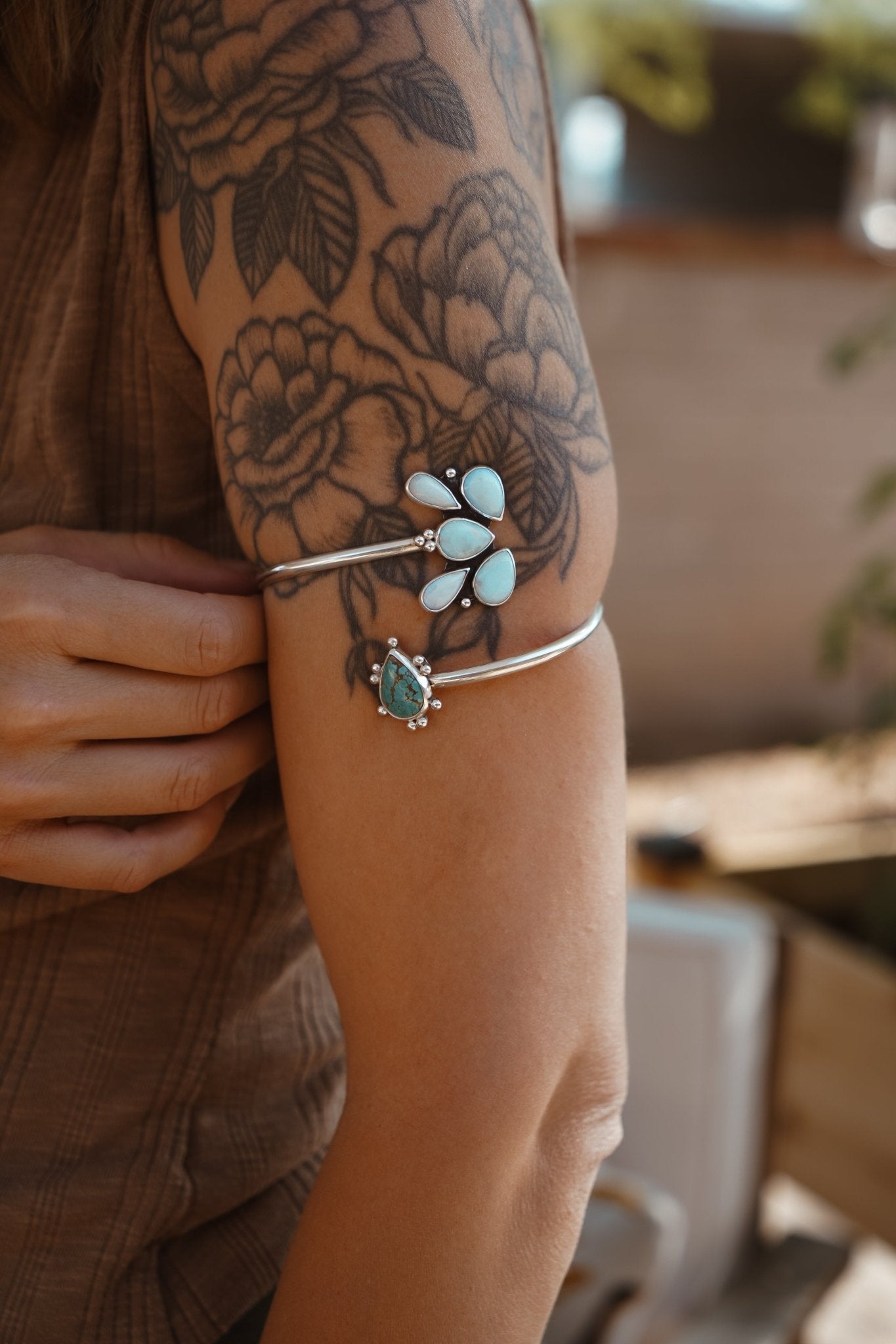 Boho Arm Band in Sterling Opal + Turquoise - Golden Road Crafted
