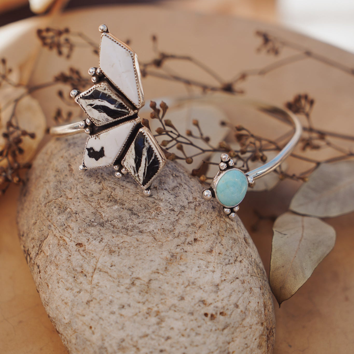 Boho Arm Band in White Buffalo & Campitos Turquoise - Golden Road Crafted