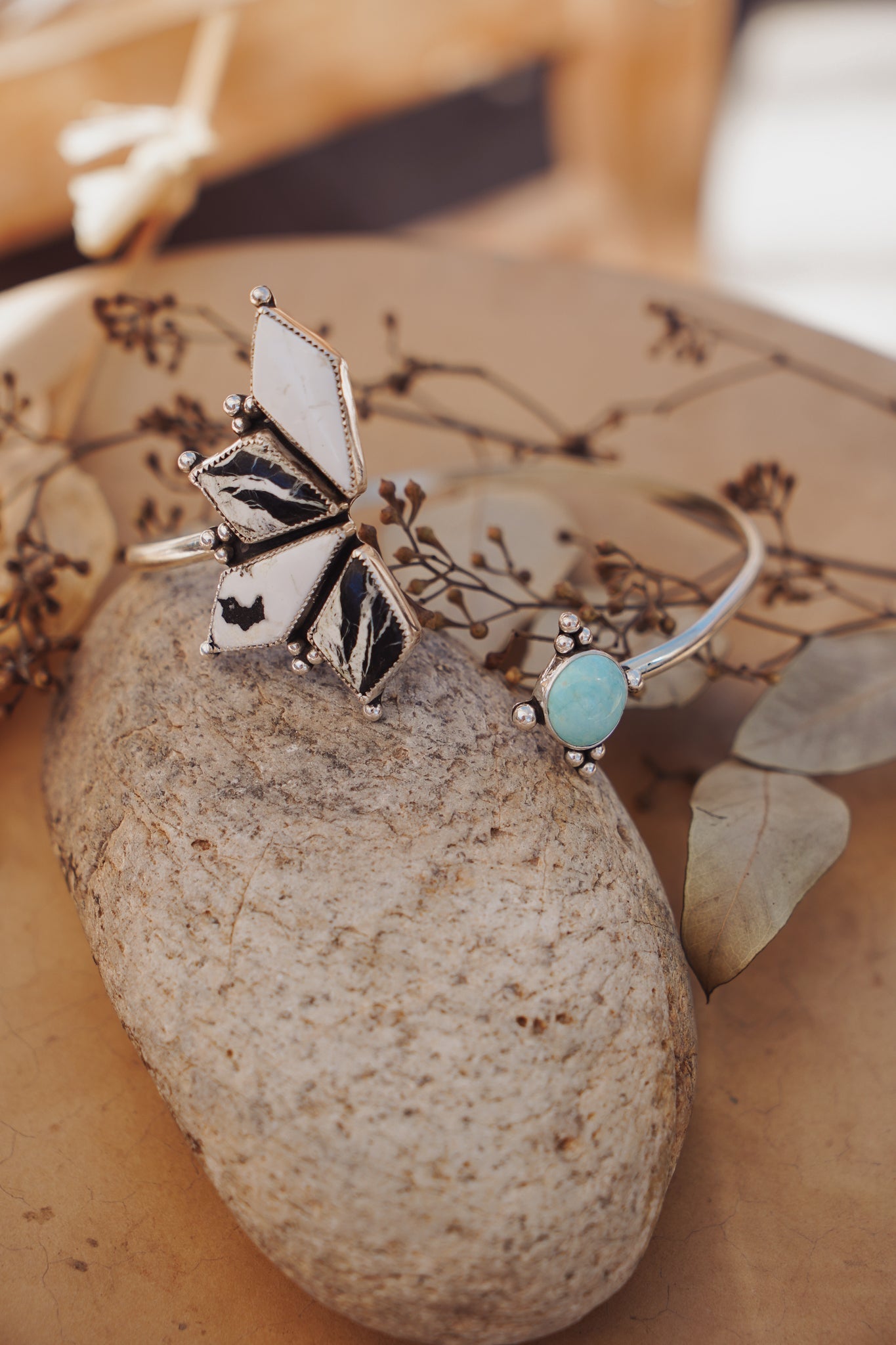 Boho Arm Band in White Buffalo & Campitos Turquoise - Golden Road Crafted