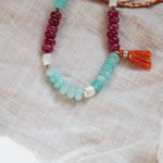 Boho Tassle Necklace in Ruby Quartz, Aventurine, & Mother of Pearl - Golden Road Crafted