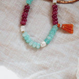 Boho Tassle Necklace in Ruby Quartz, Aventurine, & Mother of Pearl - Golden Road Crafted