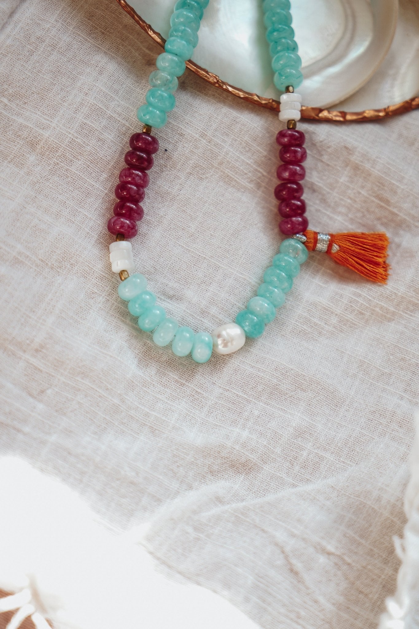 Boho Tassle Necklace in Ruby Quartz, Aventurine, & Mother of Pearl - Golden Road Crafted