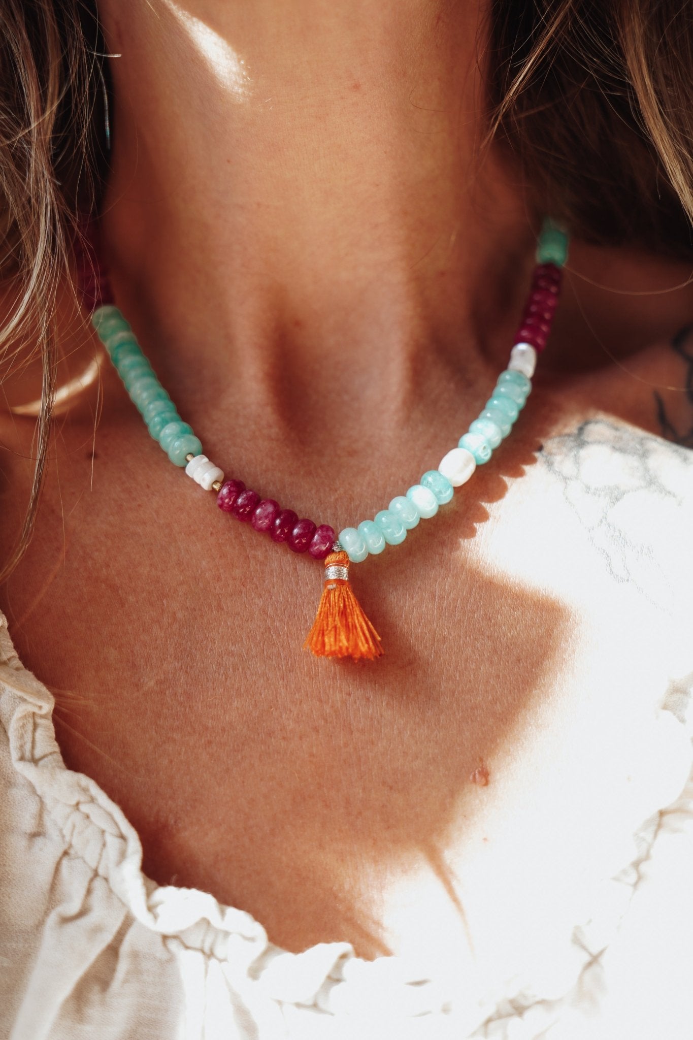 Boho Tassle Necklace in Ruby Quartz, Aventurine, & Mother of Pearl - Golden Road Crafted
