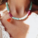 Boho Tassle Necklace in Ruby Quartz, Aventurine, & Mother of Pearl - Golden Road Crafted
