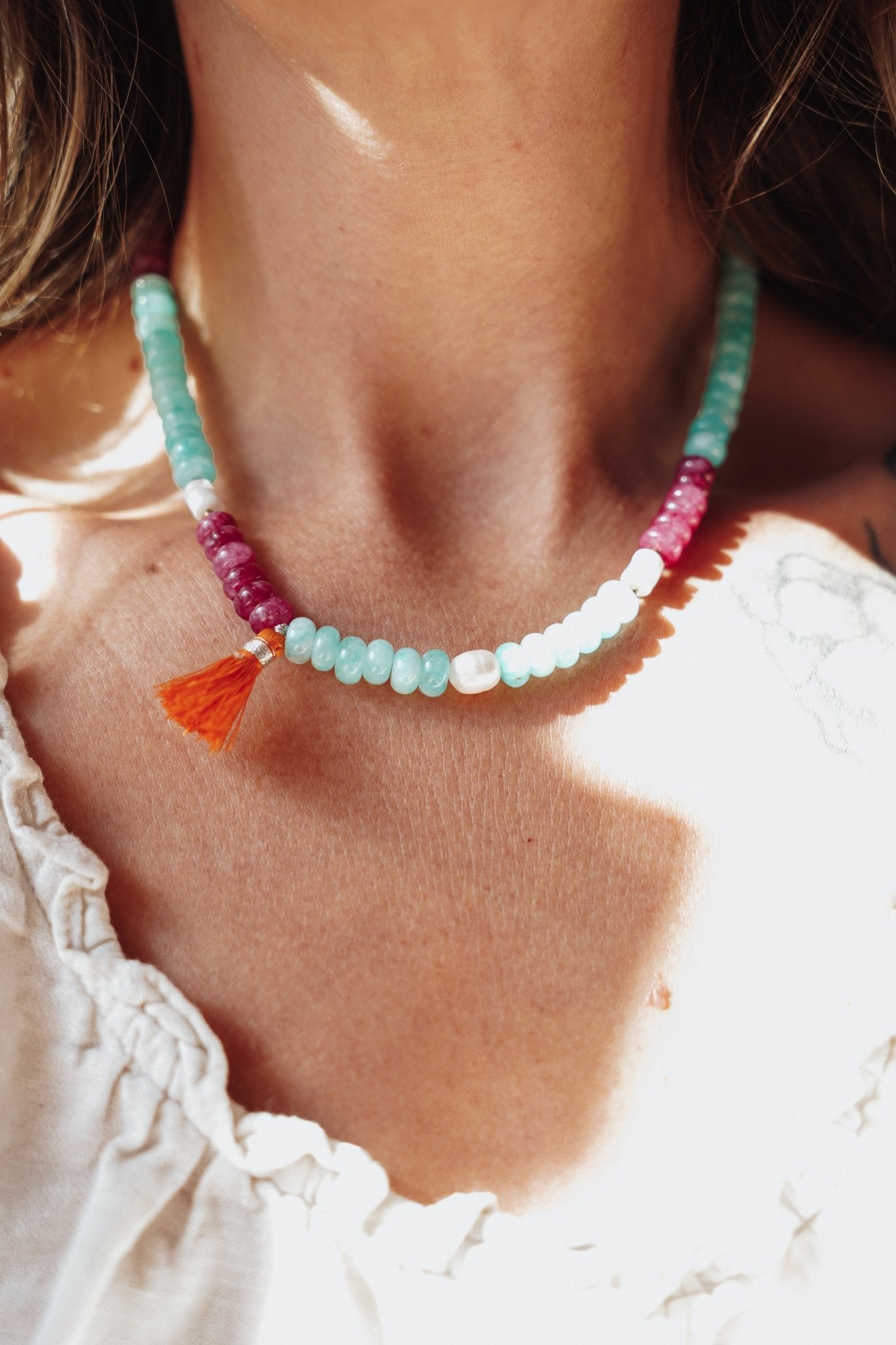 Boho Tassle Necklace in Ruby Quartz, Aventurine, & Mother of Pearl - Golden Road Crafted