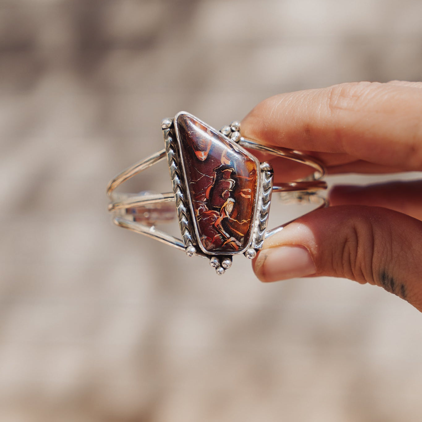 Boulder Opal Cuff with Rainbow Moonstone - Golden Road Crafted