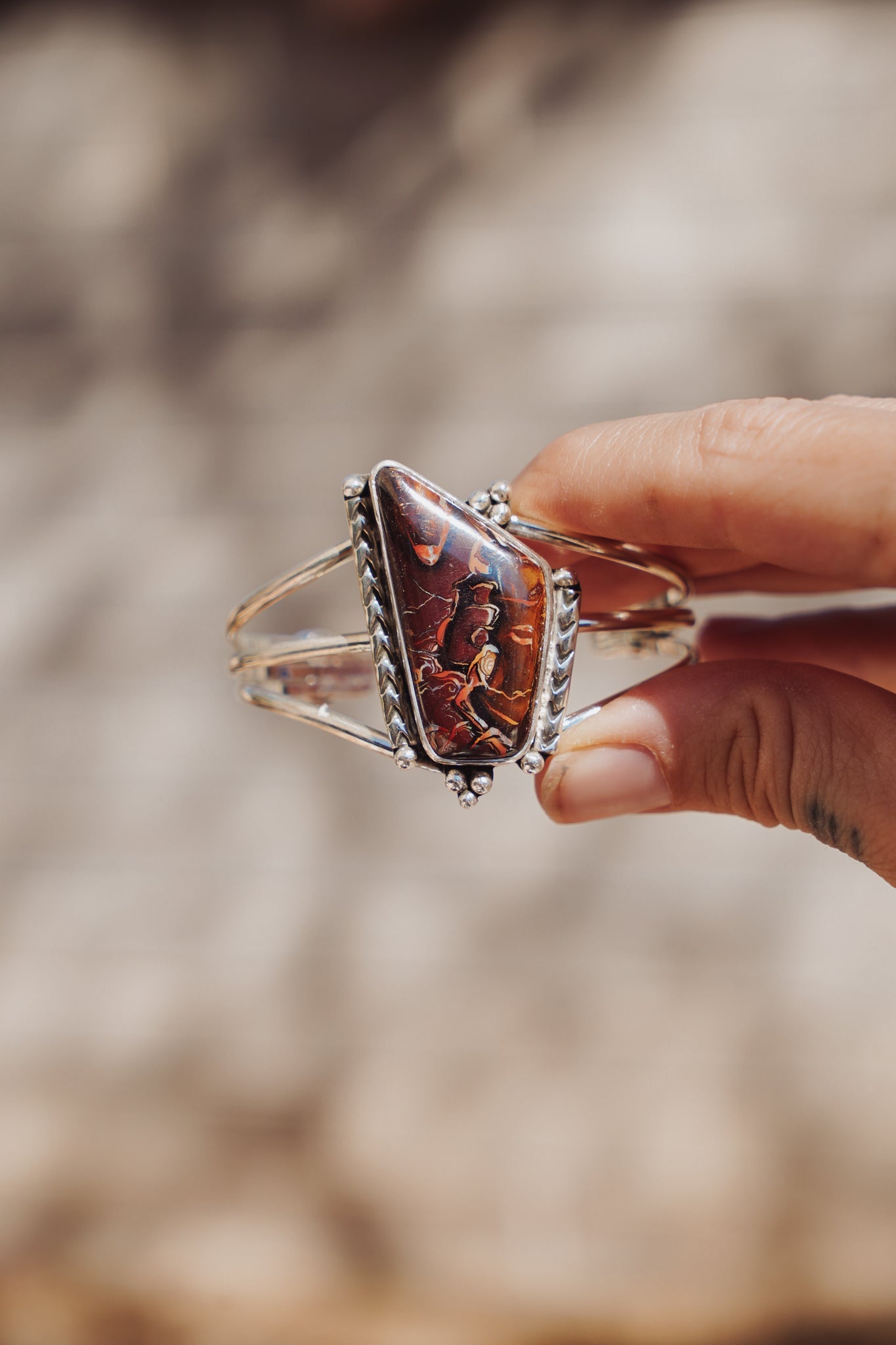 Boulder Opal Cuff with Rainbow Moonstone - Golden Road Crafted