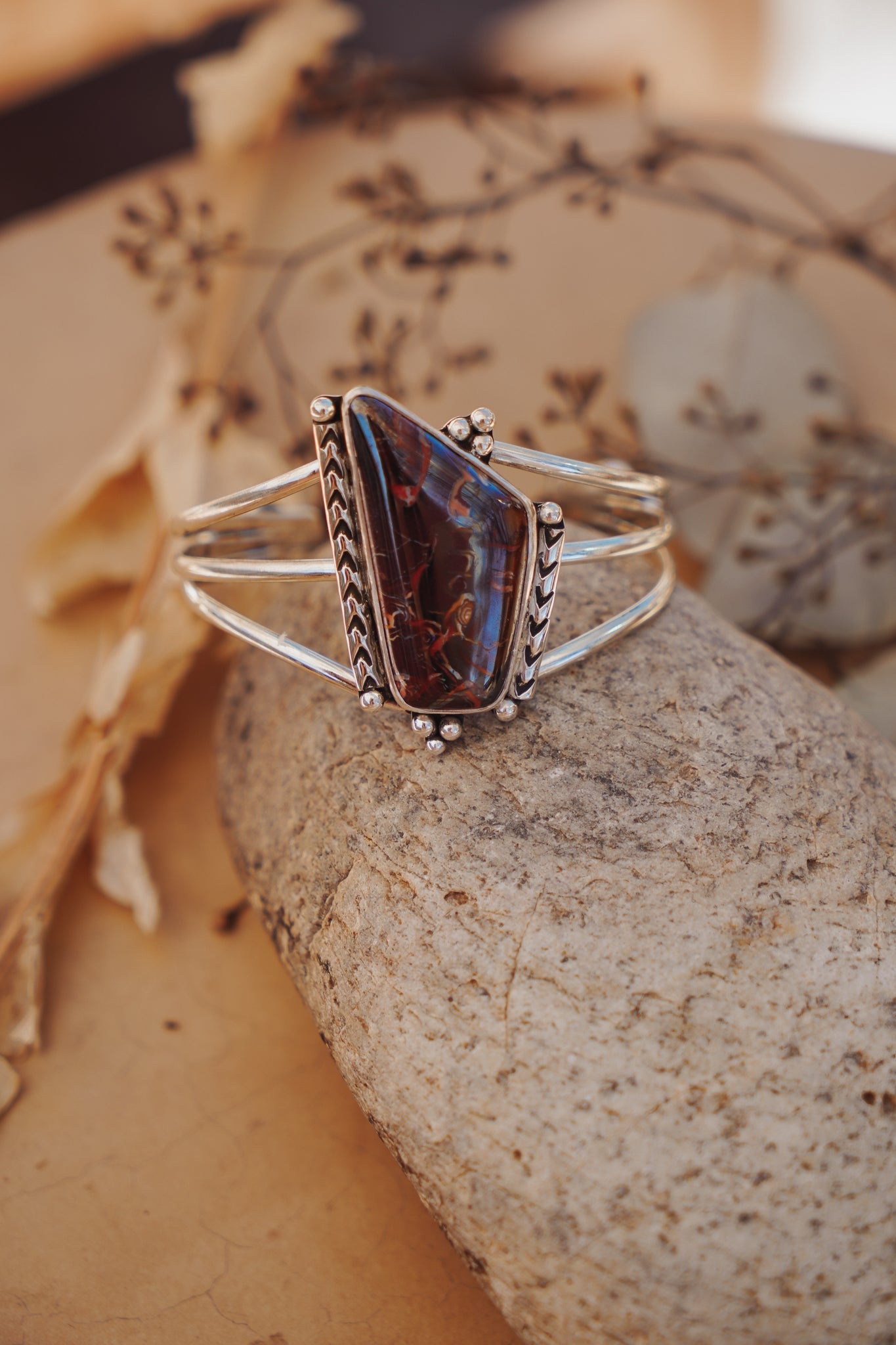 Boulder Opal Cuff with Rainbow Moonstone - Golden Road Crafted