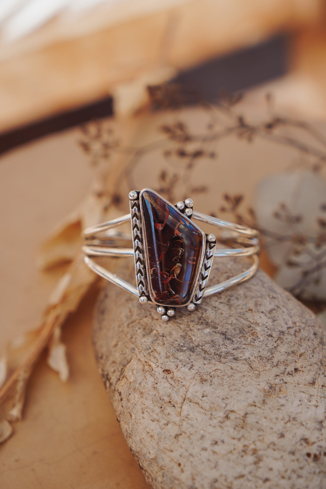 Boulder Opal Cuff with Rainbow Moonstone - Golden Road Crafted