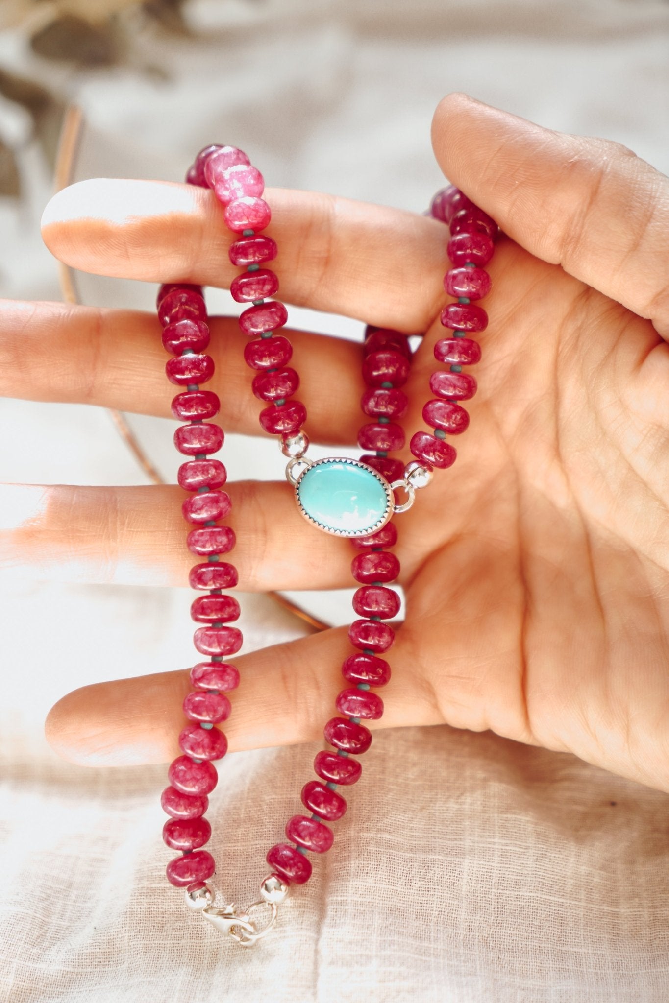 Bubble Gum Choker in Ruby Quartz & Campitos Turquoise - Golden Road Crafted
