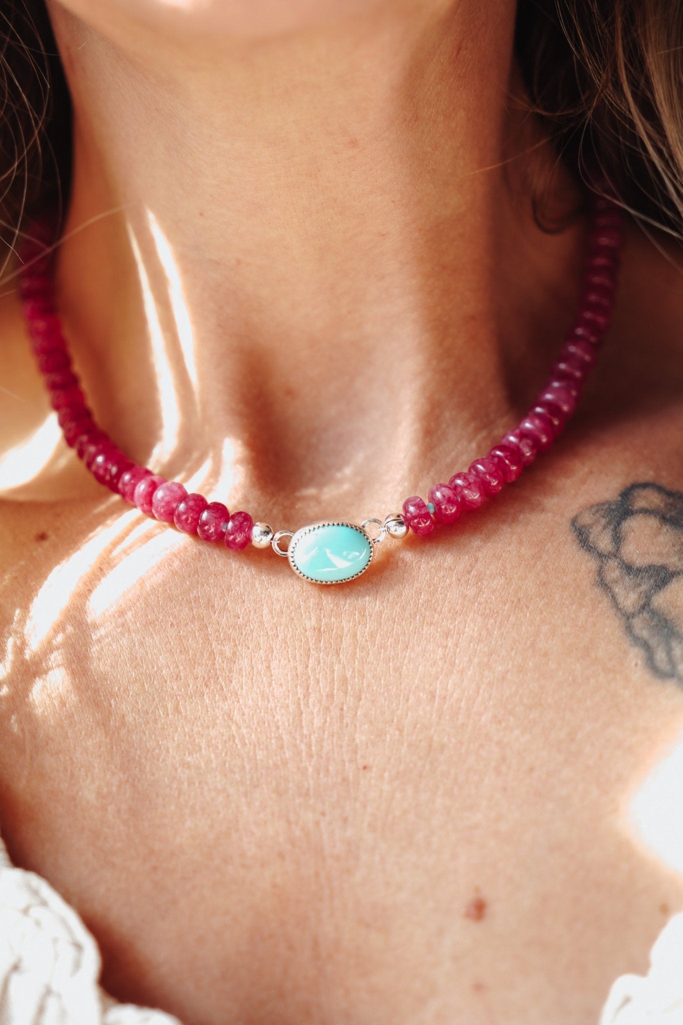Bubble Gum Choker in Ruby Quartz & Campitos Turquoise - Golden Road Crafted