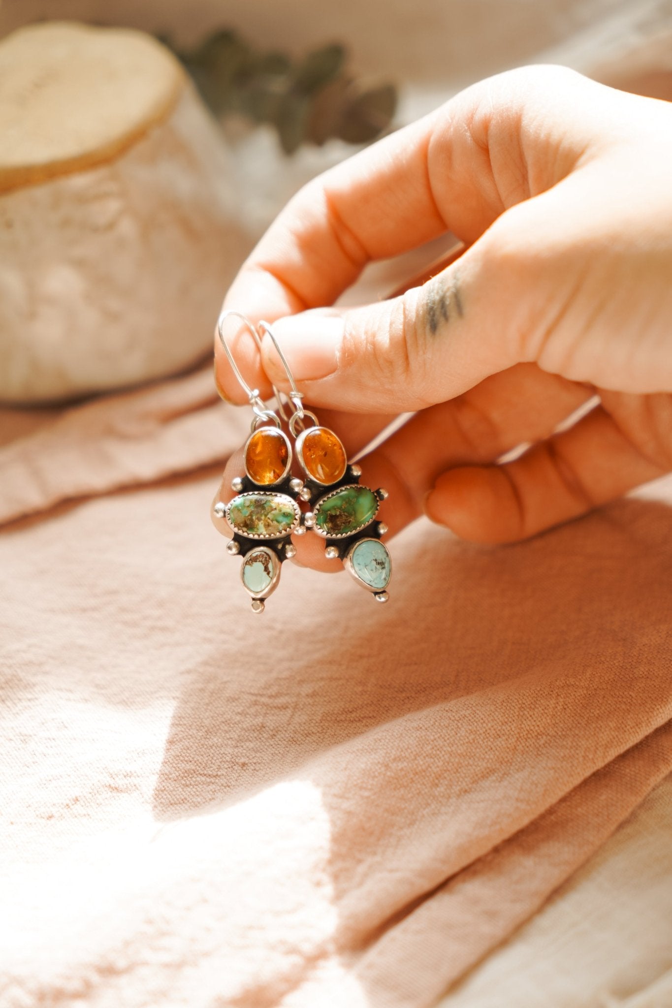 Cairn Earring in Emerald Valley, Golden Hills Turquoise & Amber - Golden Road Crafted