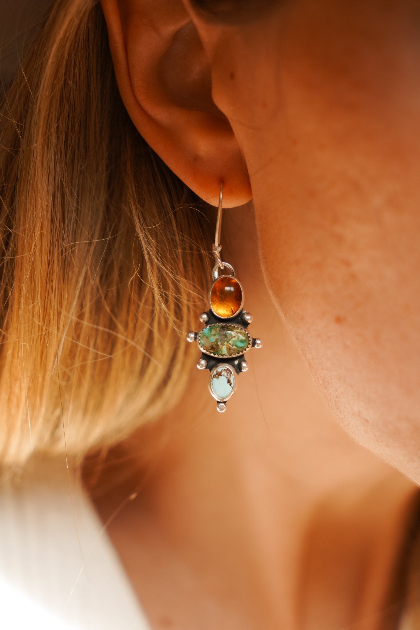 Cairn Earring in Emerald Valley, Golden Hills Turquoise & Amber - Golden Road Crafted