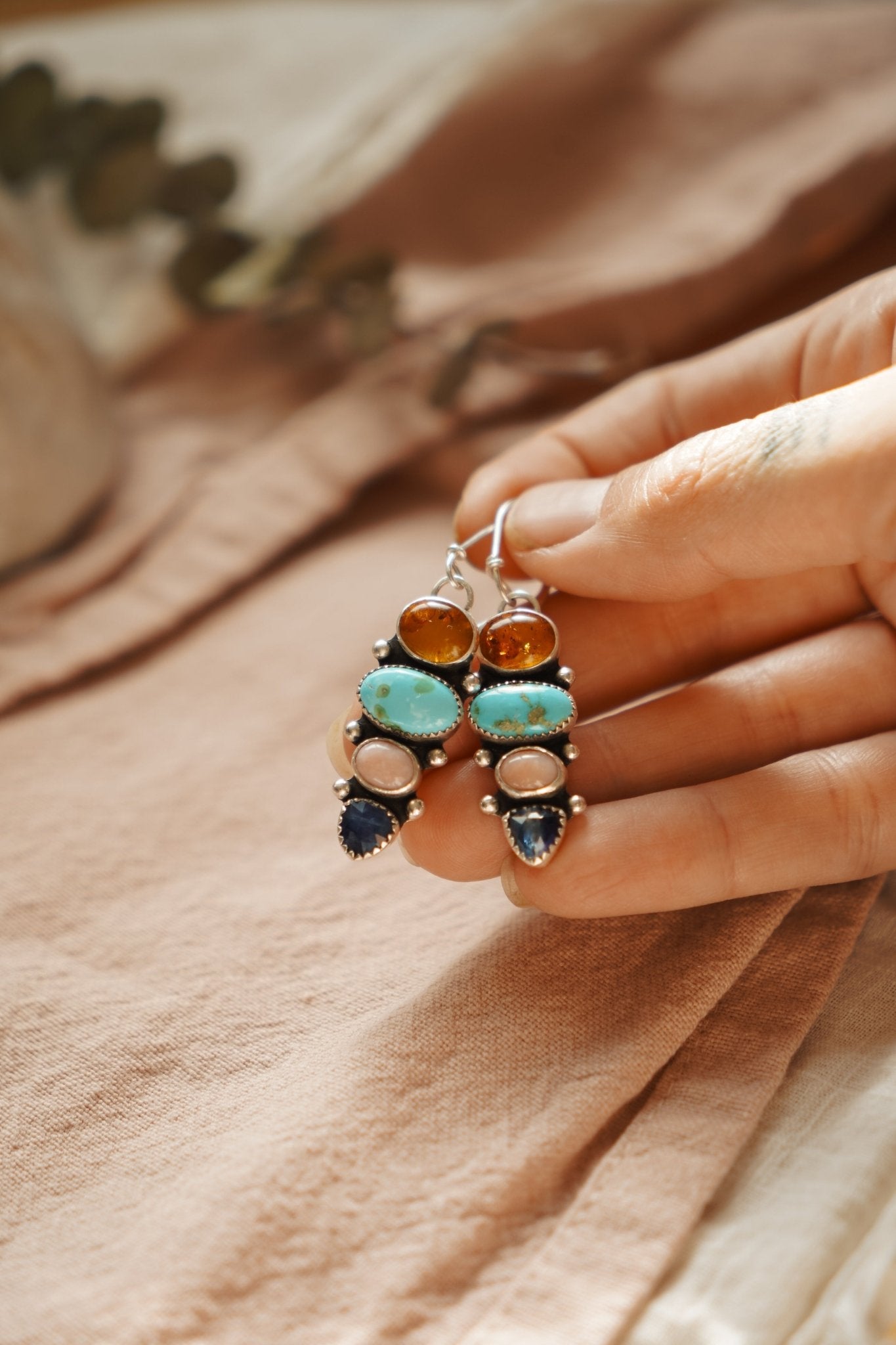 Cairn Earring in Sonoran Mtn Turquoise, Pink Opal, Blue Kyanite, & Amber - Golden Road Crafted