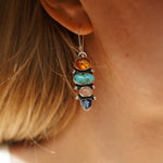 Cairn Earring in Sonoran Mtn Turquoise, Pink Opal, Blue Kyanite, & Amber - Golden Road Crafted
