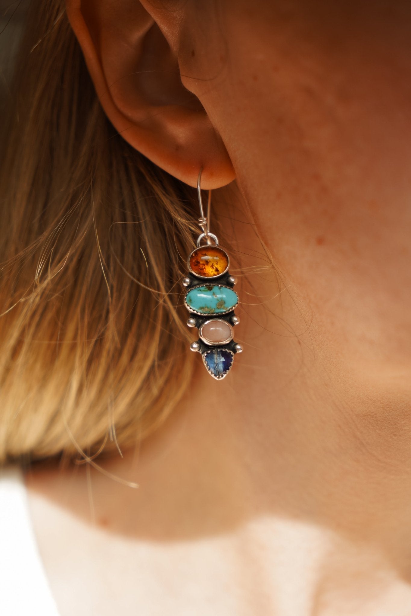 Cairn Earring in Sonoran Mtn Turquoise, Pink Opal, Blue Kyanite, & Amber - Golden Road Crafted