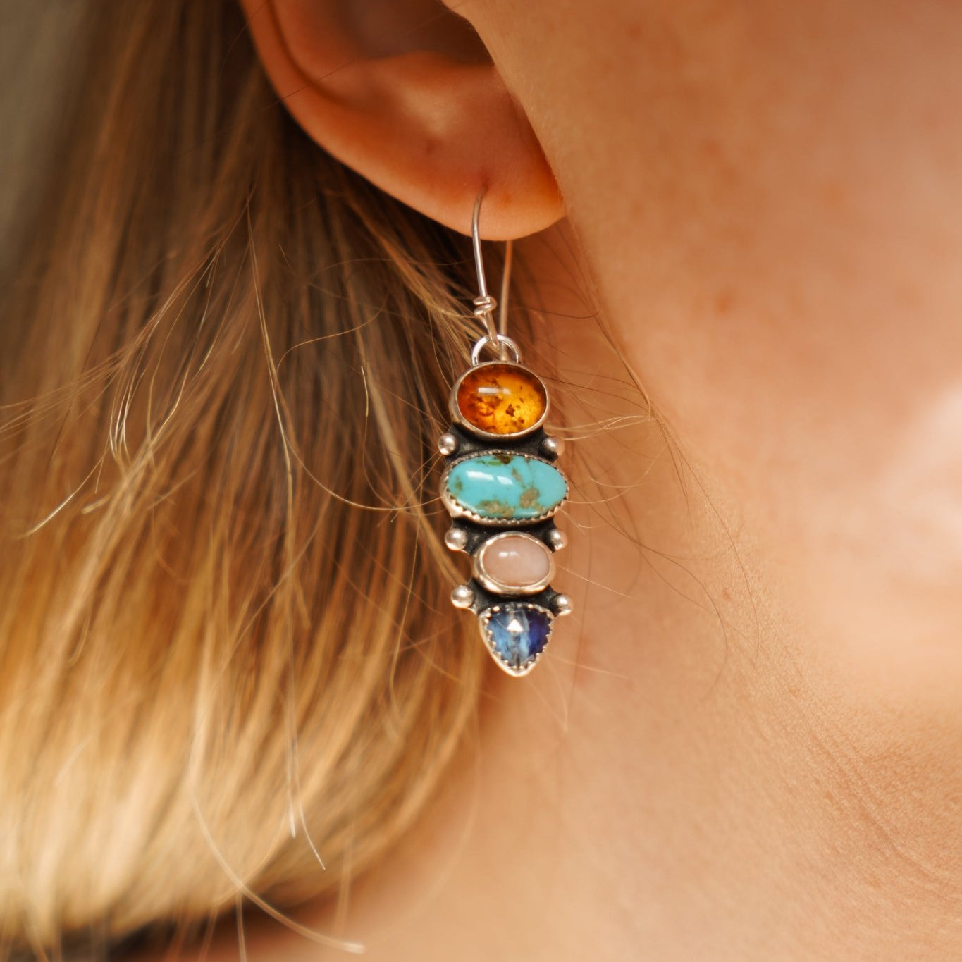 Cairn Earring in Sonoran Mtn Turquoise, Pink Opal, Blue Kyanite, & Amber - Golden Road Crafted