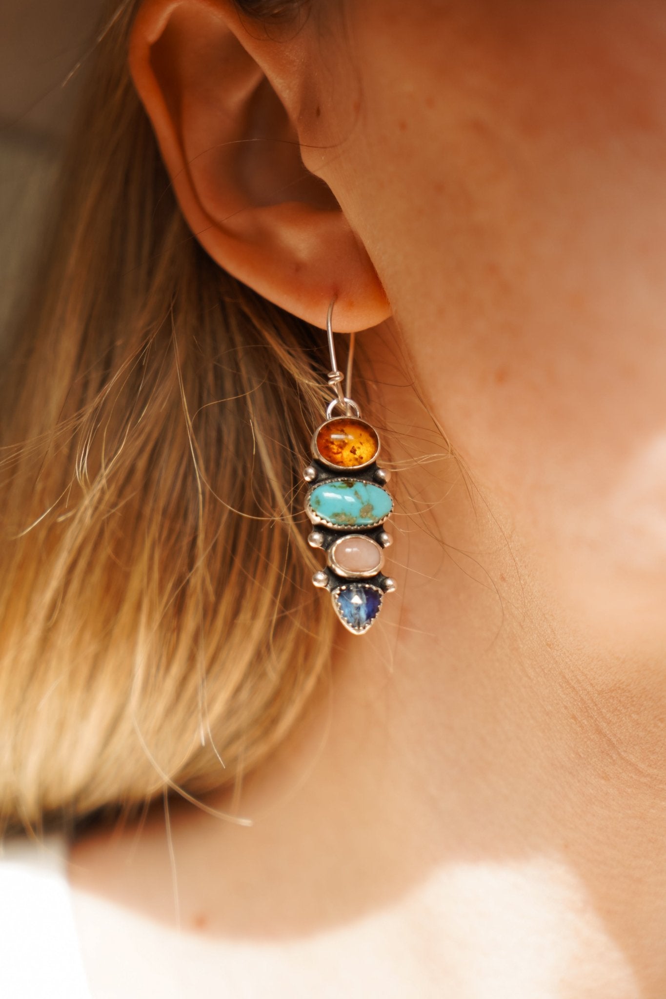 Cairn Earring in Sonoran Mtn Turquoise, Pink Opal, Blue Kyanite, & Amber - Golden Road Crafted