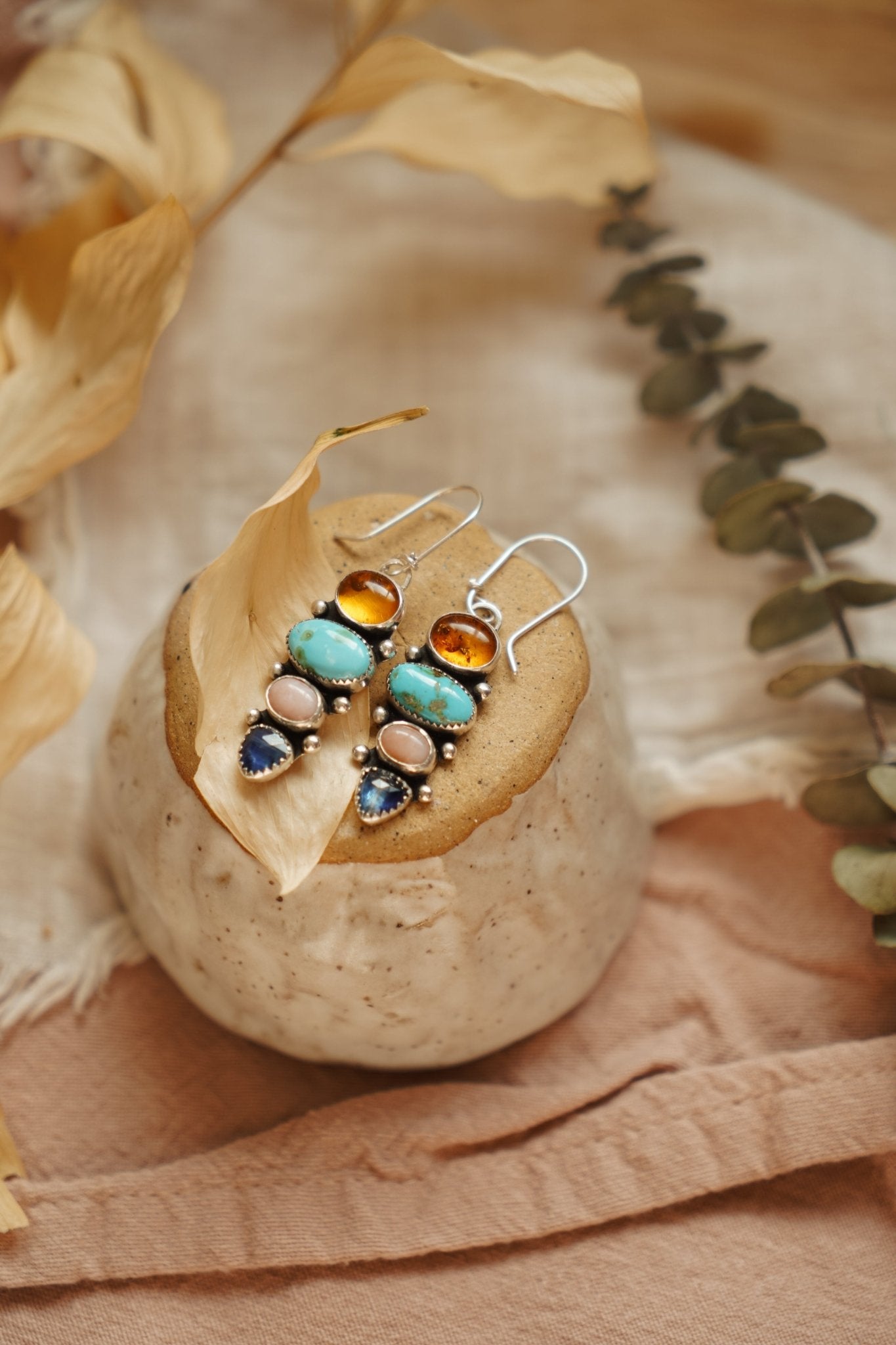 Cairn Earring in Sonoran Mtn Turquoise, Pink Opal, Blue Kyanite, & Amber - Golden Road Crafted
