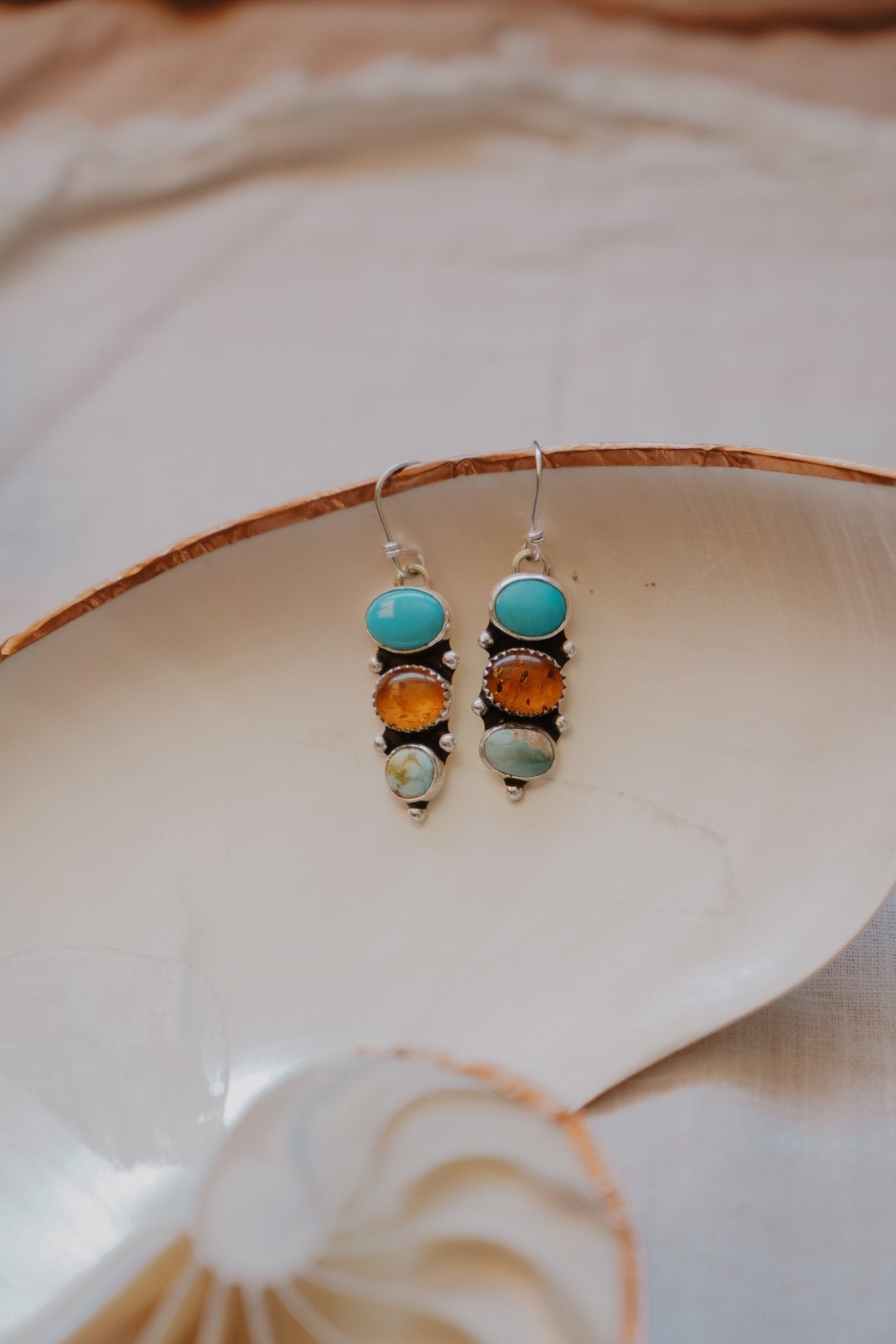 Cairn Earrings in Campitos, Iron Maiden, & Amber - Golden Road Crafted