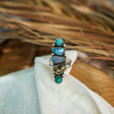 Cairn Ring in Boulder Opal Doublet, Dendritic Agate, Golden Hills & Hubei Turquoise (Size 7) - Golden Road Crafted