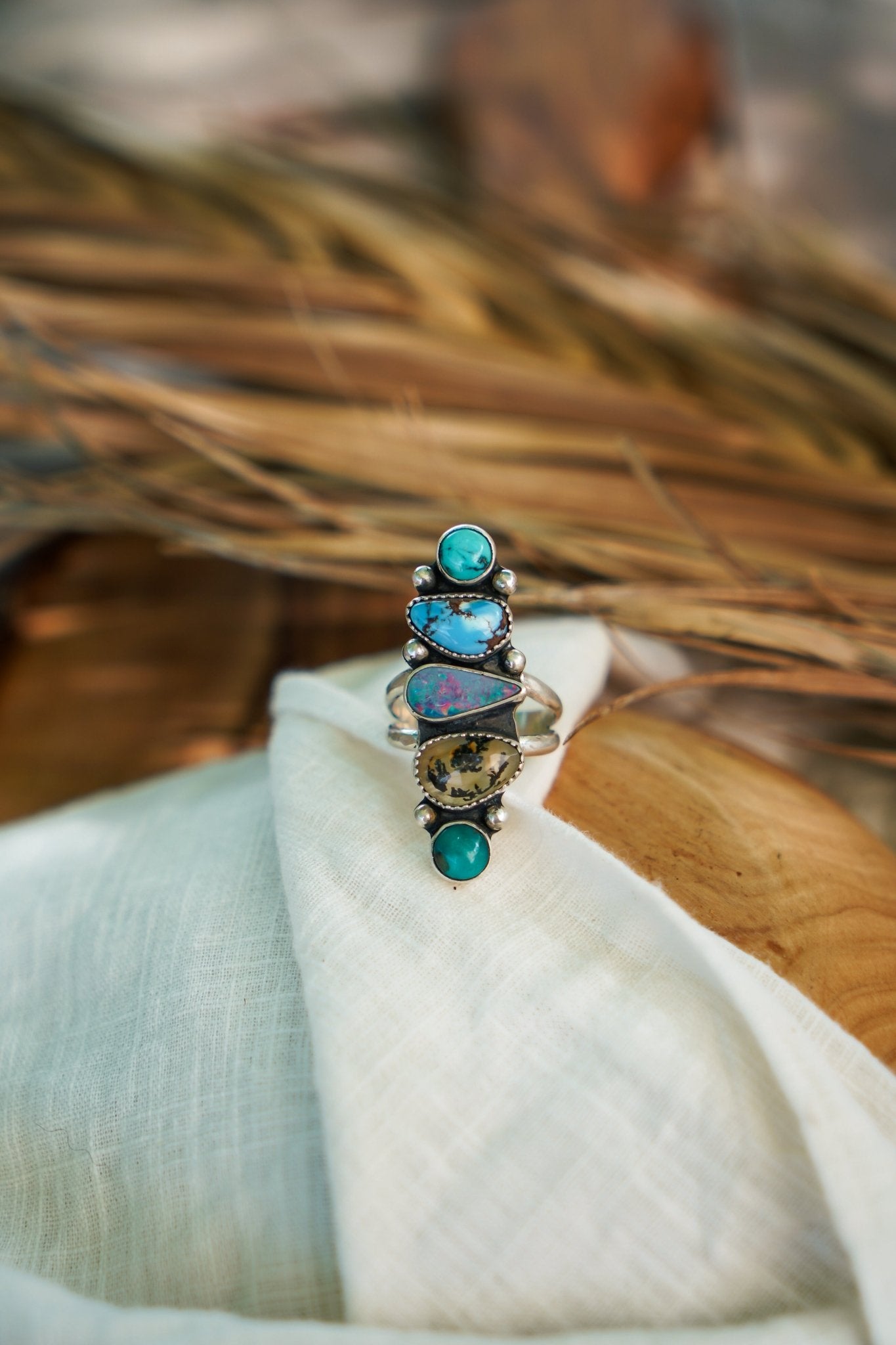 Cairn Ring in Boulder Opal Doublet, Dendritic Agate, Golden Hills & Hubei Turquoise (Size 7) - Golden Road Crafted