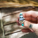 Cairn Ring in Boulder Opal Doublet, Dendritic Agate, Golden Hills & Hubei Turquoise (Size 7) - Golden Road Crafted