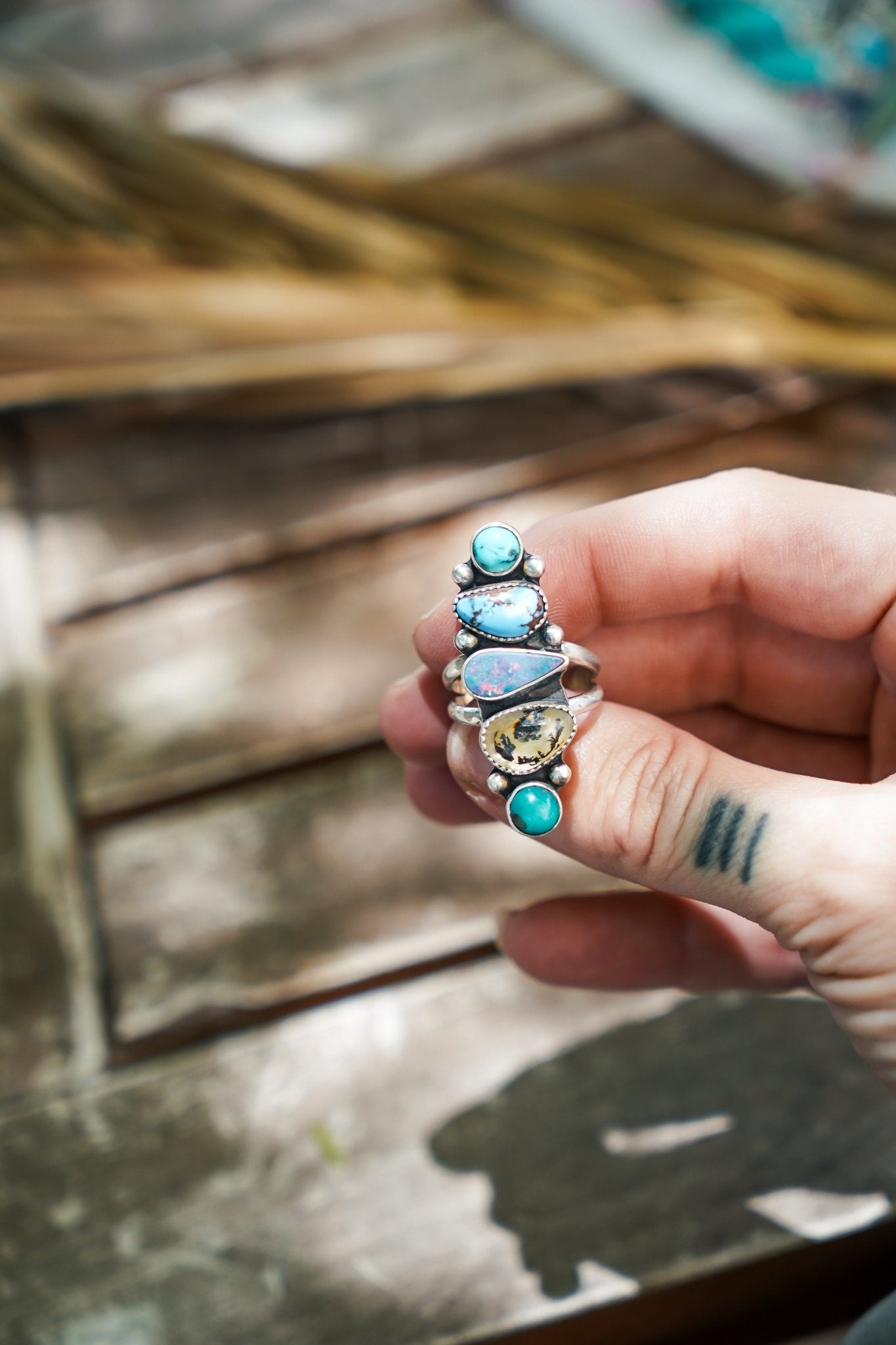 Cairn Ring in Boulder Opal Doublet, Dendritic Agate, Golden Hills & Hubei Turquoise (Size 7) - Golden Road Crafted