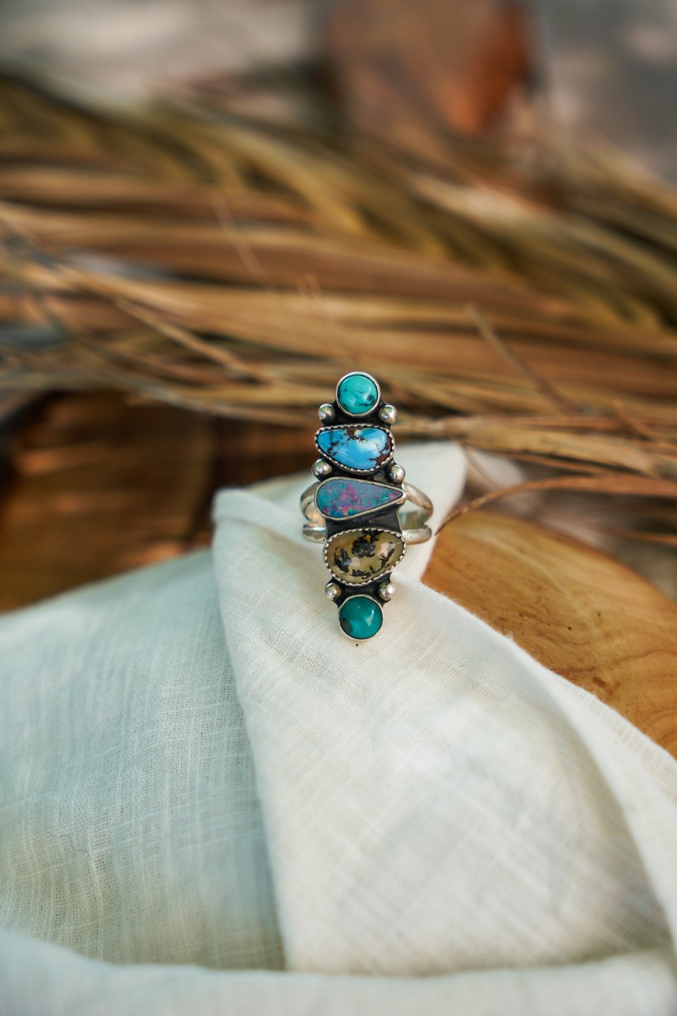 Cairn Ring in Boulder Opal Doublet, Dendritic Agate, Golden Hills & Hubei Turquoise (Size 7) - Golden Road Crafted