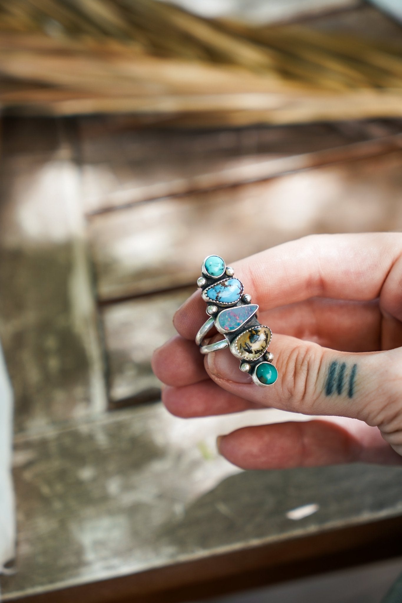 Cairn Ring in Boulder Opal Doublet, Dendritic Agate, Golden Hills & Hubei Turquoise (Size 7) - Golden Road Crafted