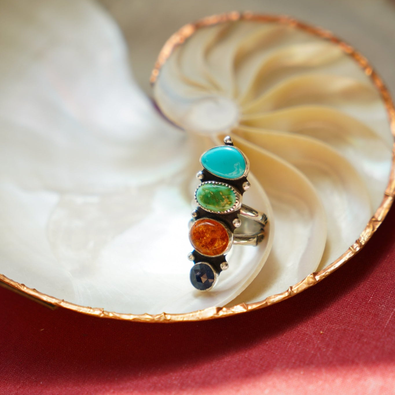 Cairn Ring in Campitos, Emerald Valley, Amber, and Blue Kyanite (Size 7) - Golden Road Crafted