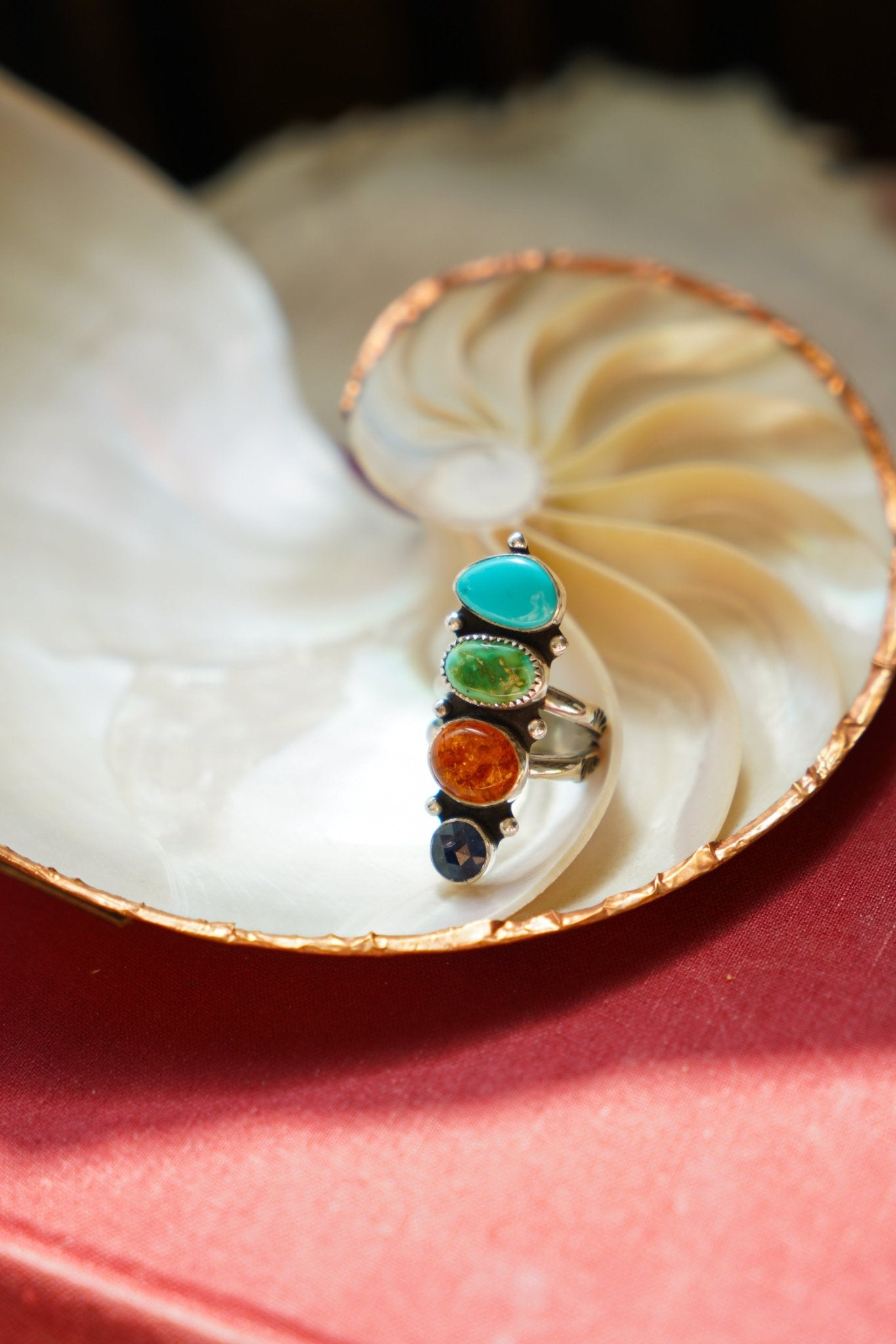 Cairn Ring in Campitos, Emerald Valley, Amber, and Blue Kyanite (Size 7) - Golden Road Crafted