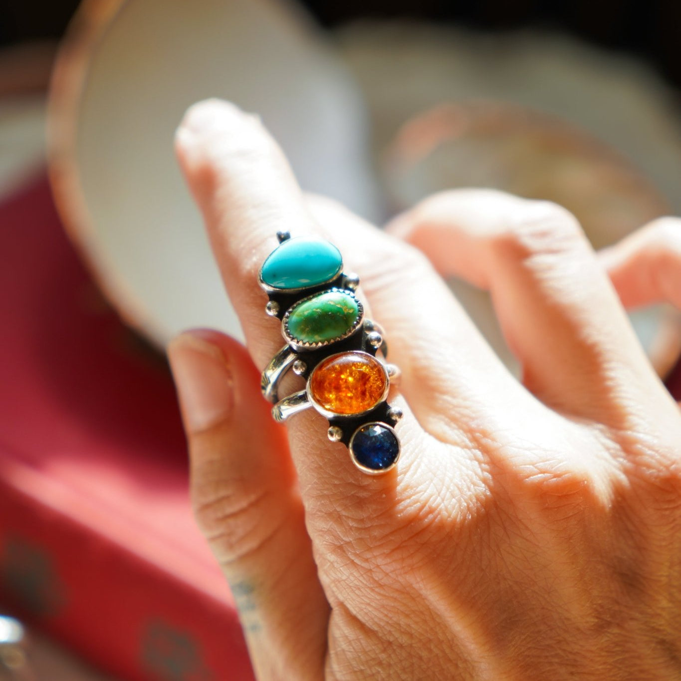 Cairn Ring in Campitos, Emerald Valley, Amber, and Blue Kyanite (Size 7) - Golden Road Crafted