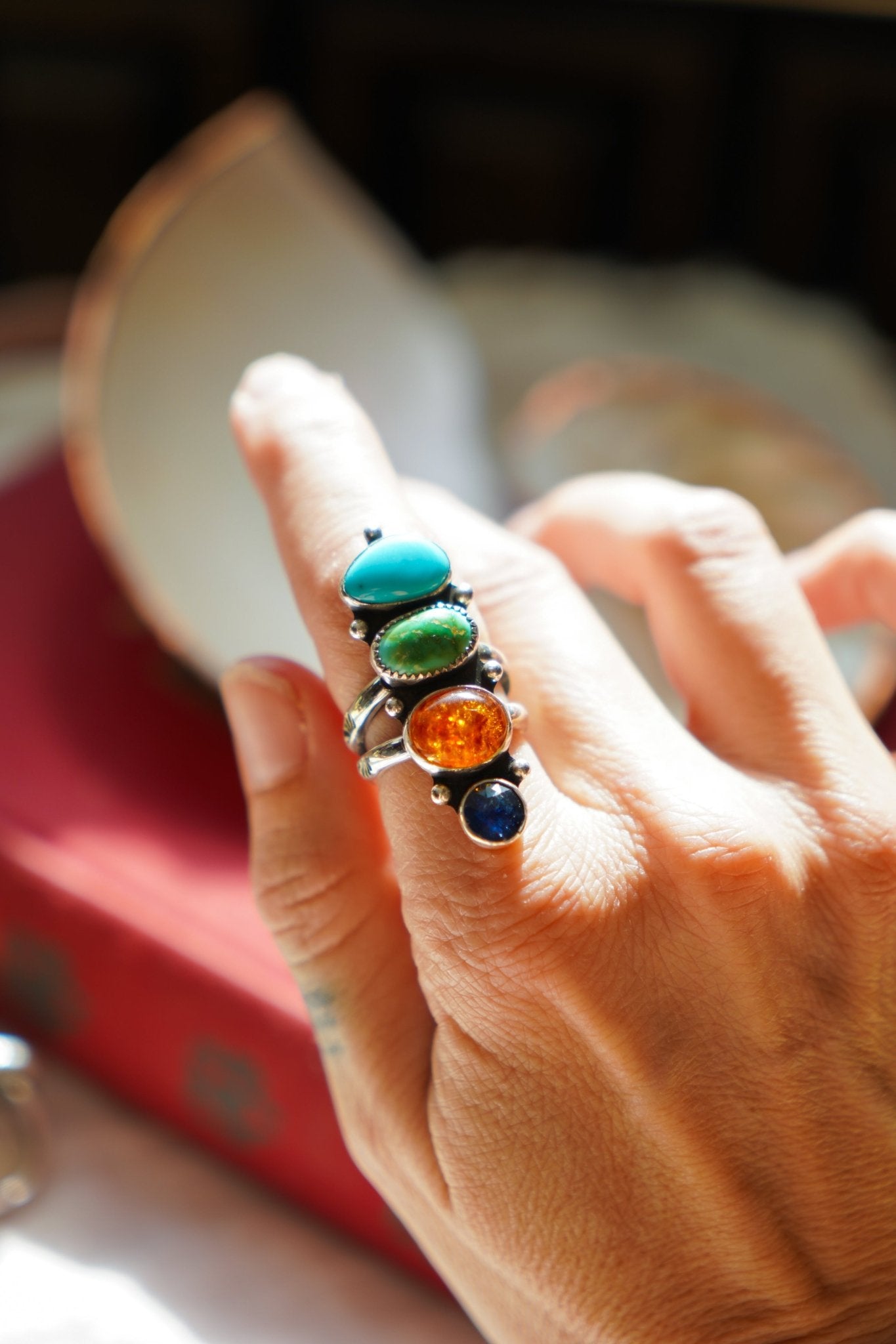 Cairn Ring in Campitos, Emerald Valley, Amber, and Blue Kyanite (Size 7) - Golden Road Crafted