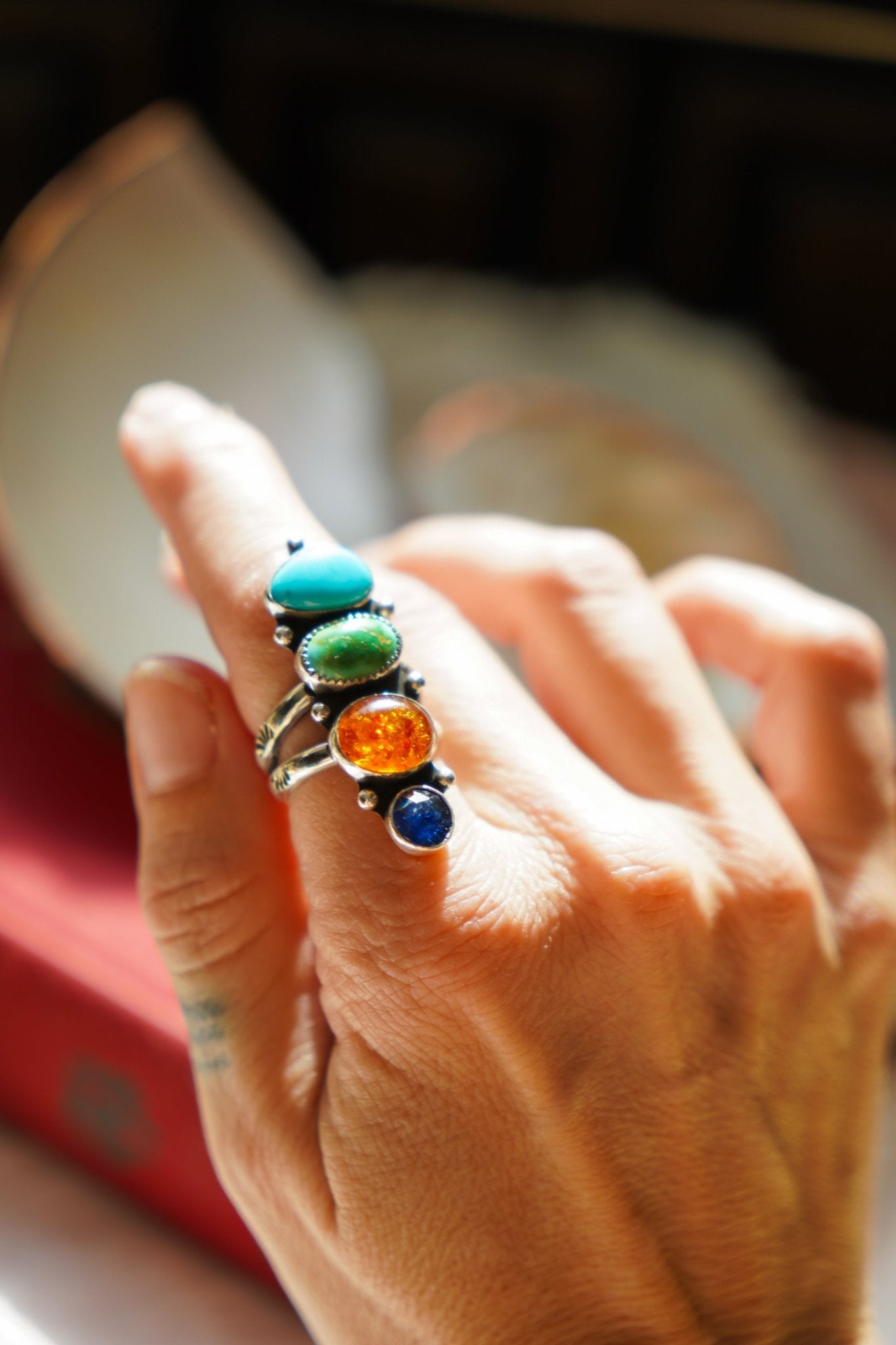 Cairn Ring in Campitos, Emerald Valley, Amber, and Blue Kyanite (Size 7) - Golden Road Crafted