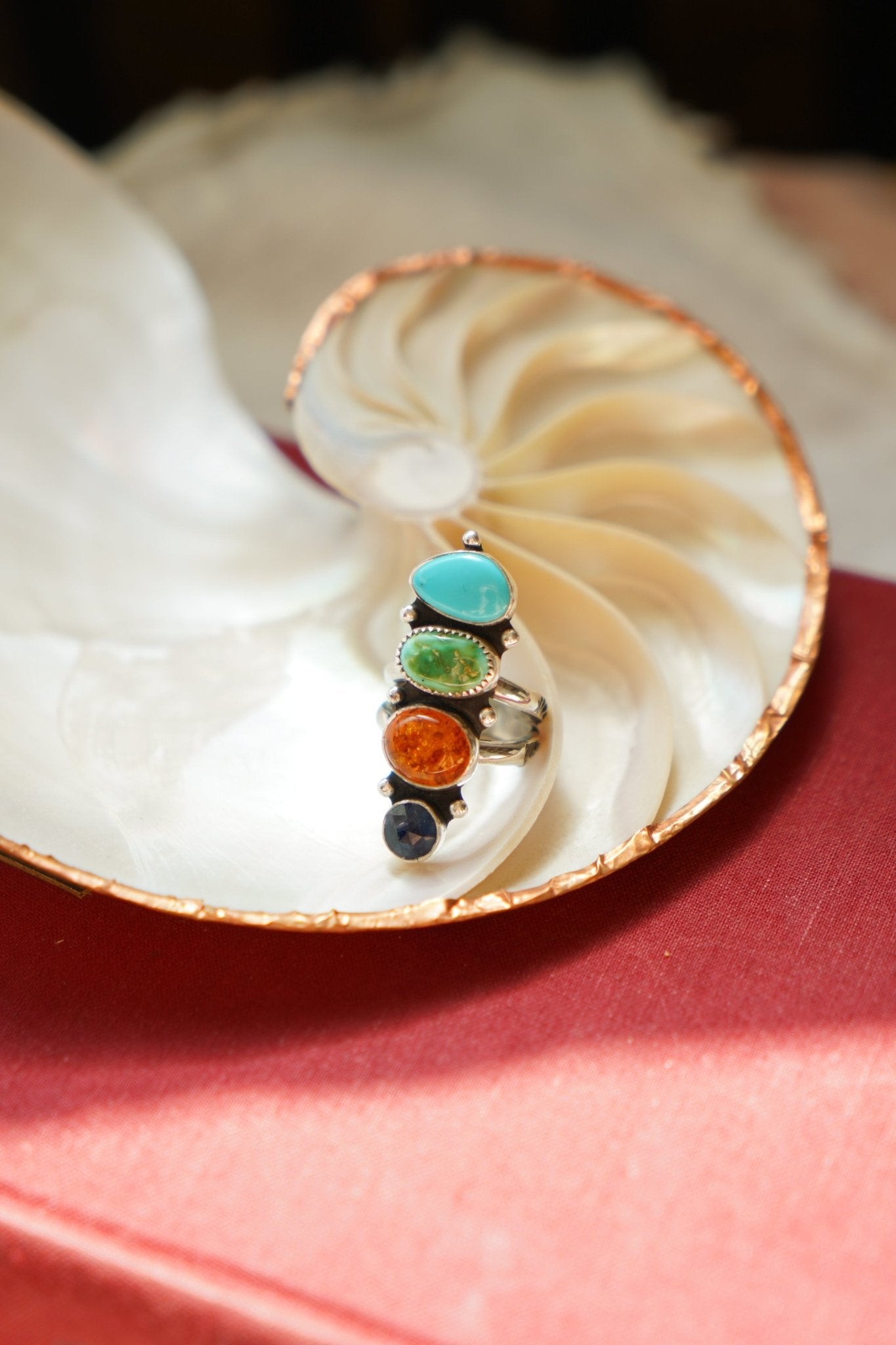 Cairn Ring in Campitos, Emerald Valley, Amber, and Blue Kyanite (Size 7) - Golden Road Crafted