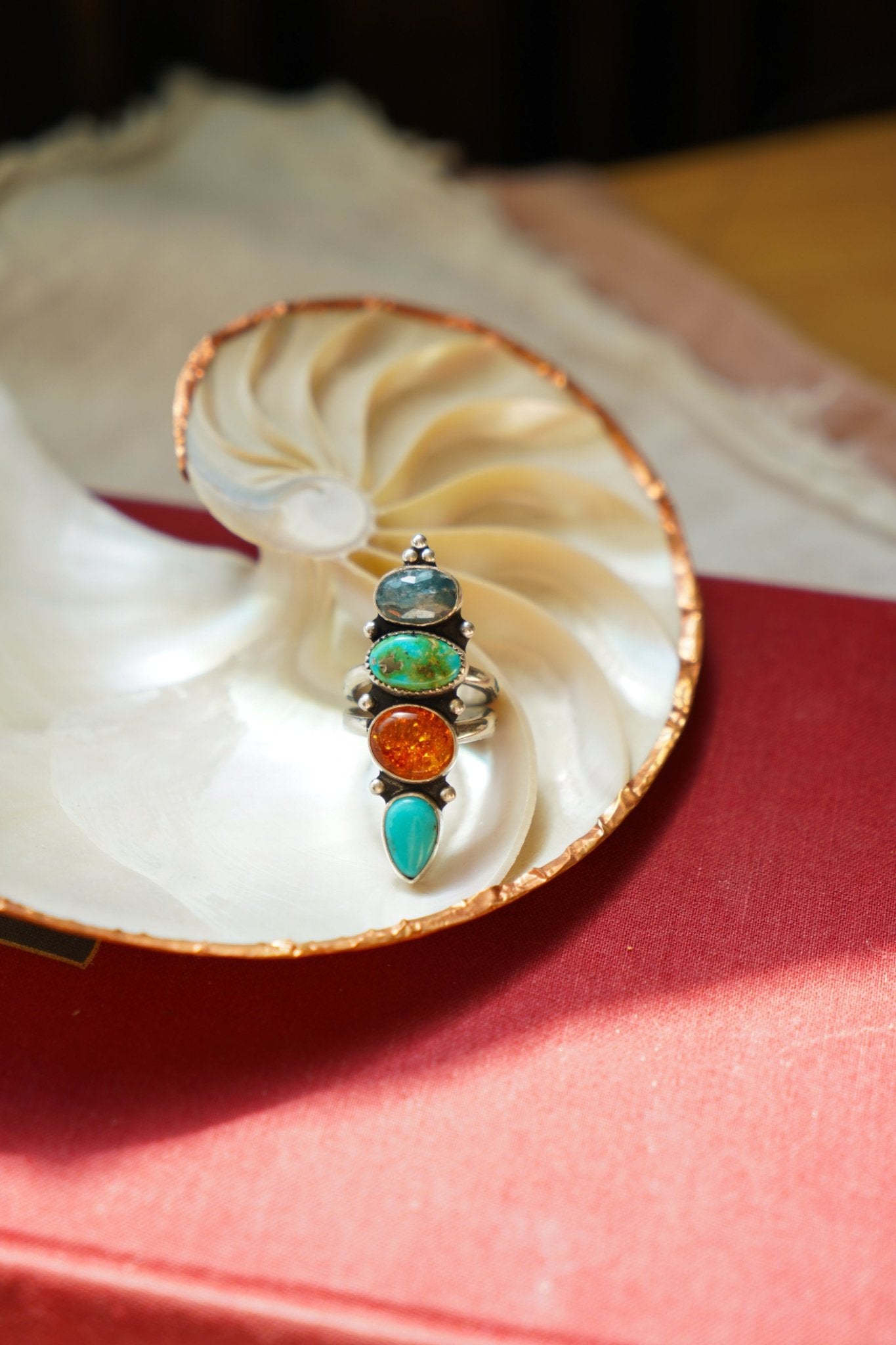 Cairn Ring in Campitos, Sonoran Mtn, Amber, and Blue Kyanite (Size 8) - Golden Road Crafted