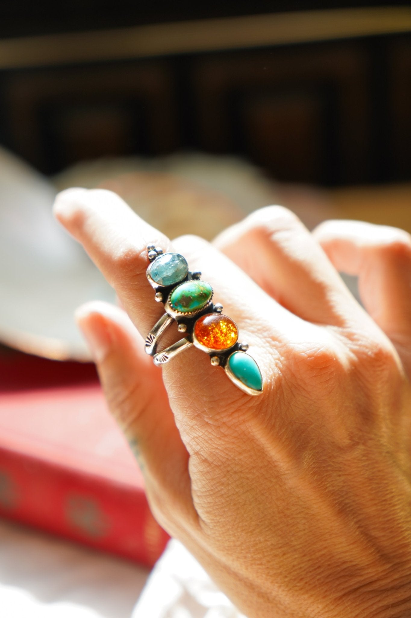 Cairn Ring in Campitos, Sonoran Mtn, Amber, and Blue Kyanite (Size 8) - Golden Road Crafted
