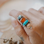 Cairn Ring in Golden Hills, Egyptian Turquoise, Red Kyanite, & Pink Opal (Size 9) - Golden Road Crafted