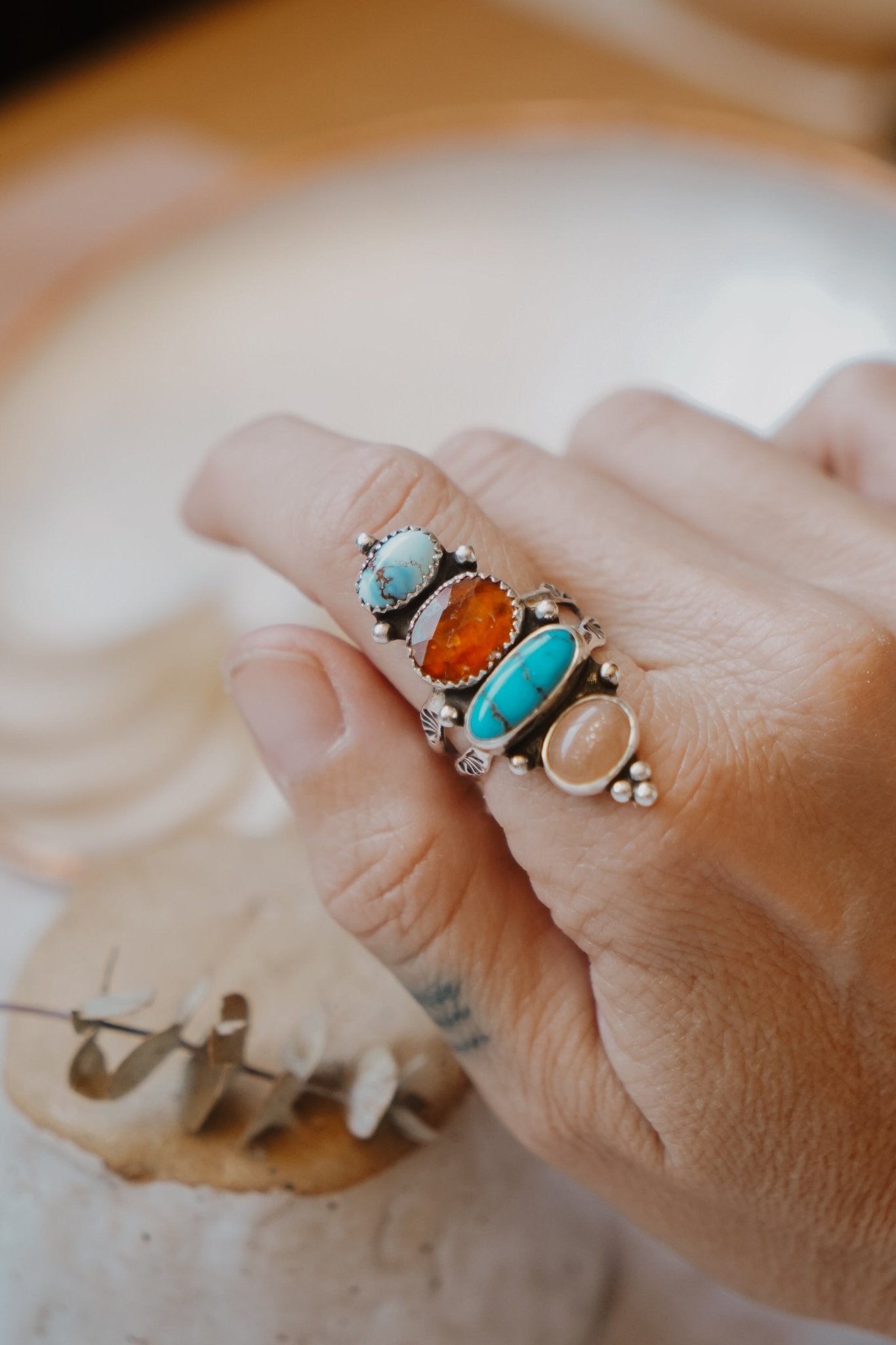 Cairn Ring in Golden Hills, Egyptian Turquoise, Red Kyanite, & Pink Opal (Size 9) - Golden Road Crafted