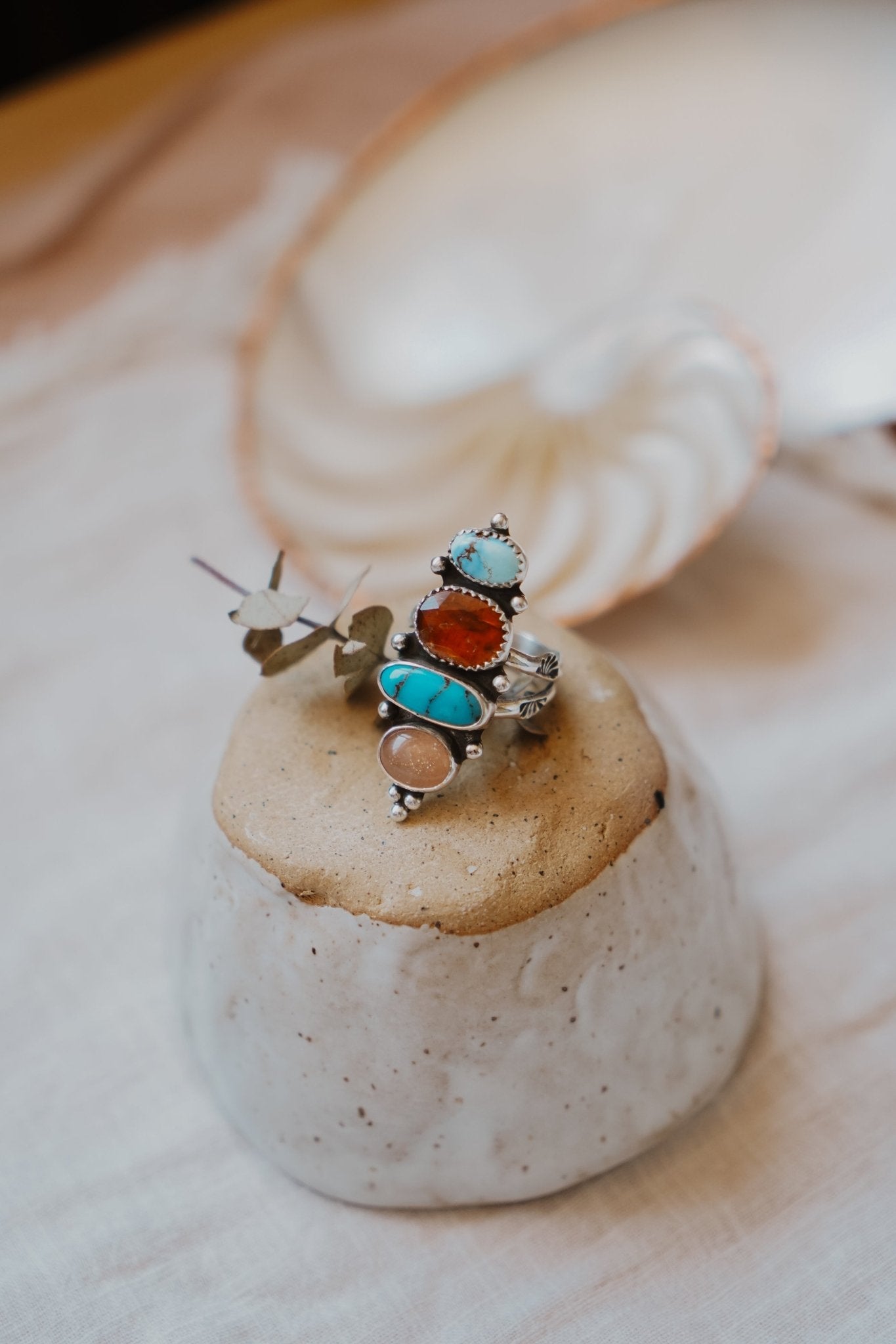 Cairn Ring in Golden Hills, Egyptian Turquoise, Red Kyanite, & Pink Opal (Size 9) - Golden Road Crafted
