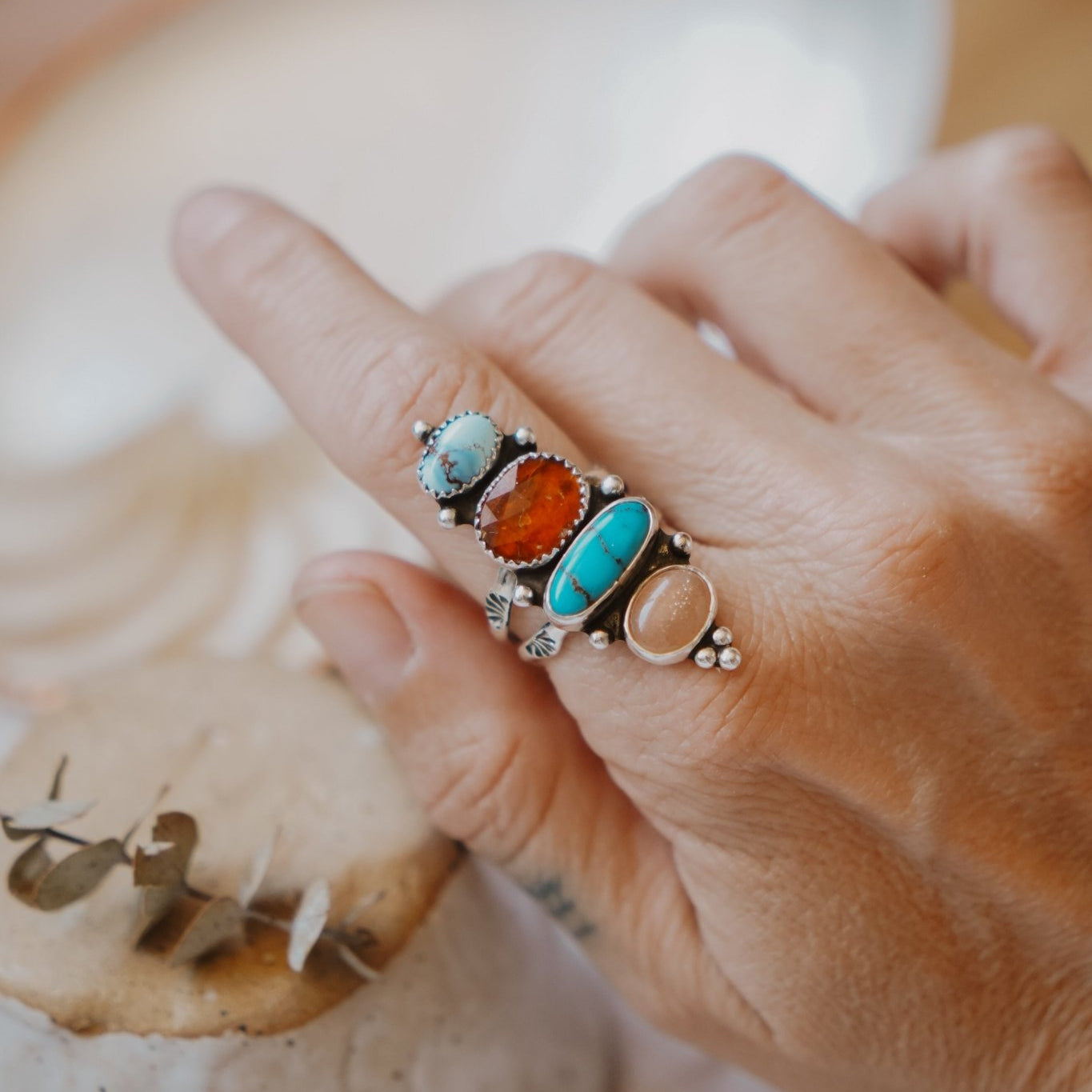 Cairn Ring in Golden Hills, Egyptian Turquoise, Red Kyanite, & Pink Opal (Size 9) - Golden Road Crafted