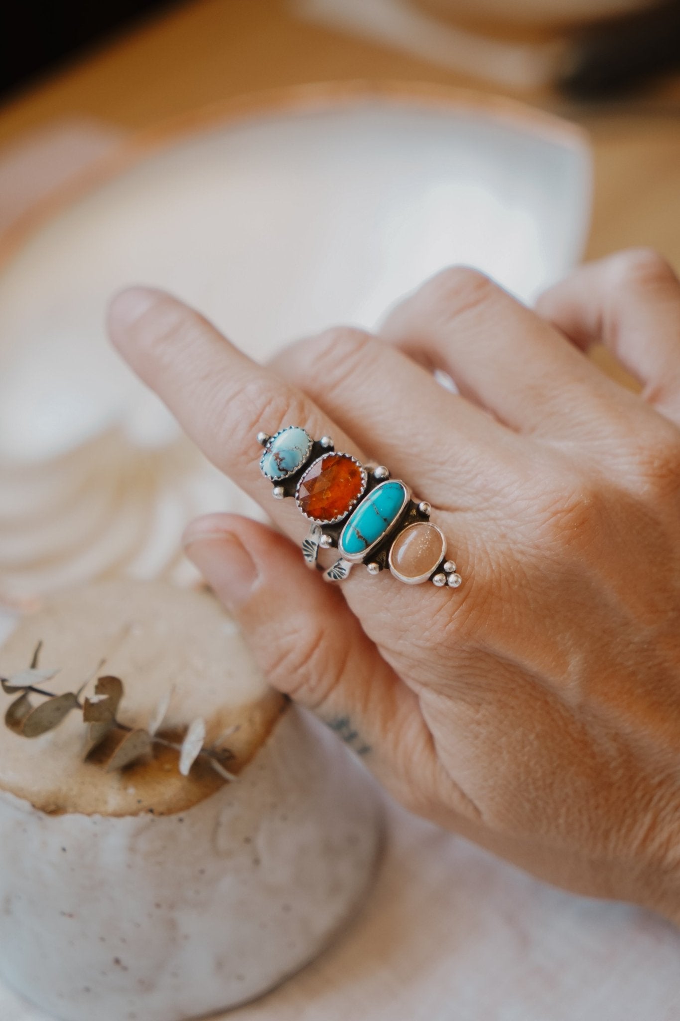 Cairn Ring in Golden Hills, Egyptian Turquoise, Red Kyanite, & Pink Opal (Size 9) - Golden Road Crafted
