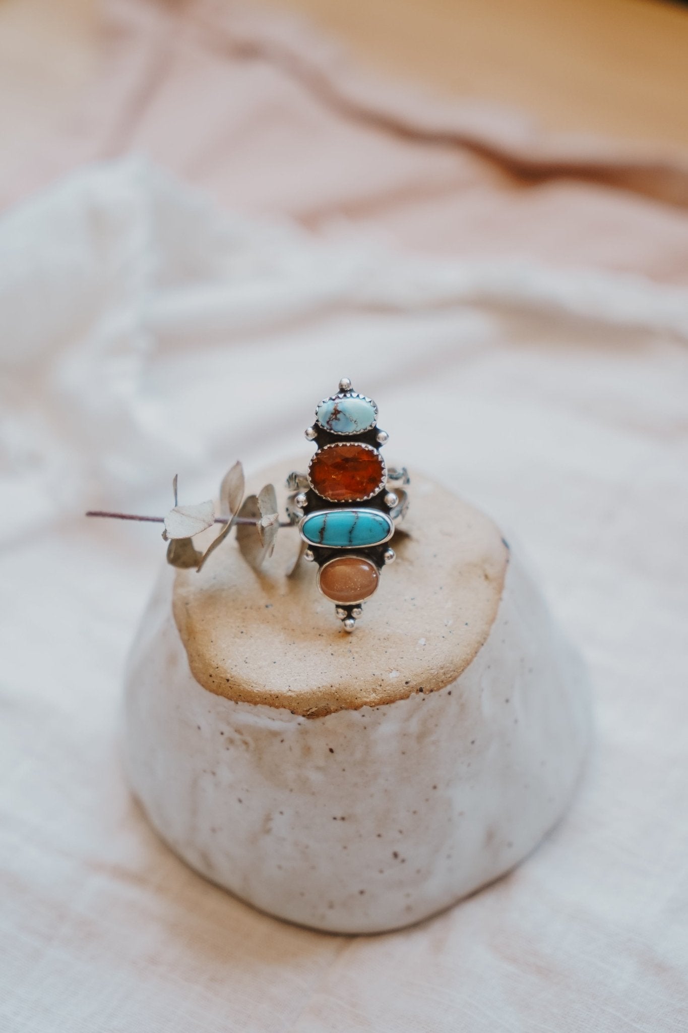 Cairn Ring in Golden Hills, Egyptian Turquoise, Red Kyanite, & Pink Opal (Size 9) - Golden Road Crafted