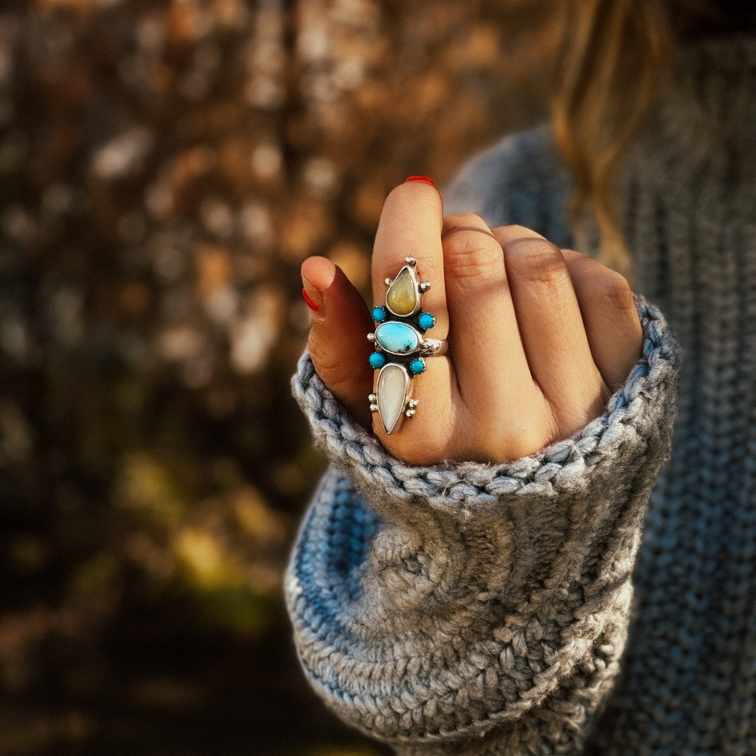 Cairn Ring in Golden Hills Turquoise, Ethiopian Opal, & Moonstone (Size 7) - Golden Road Crafted