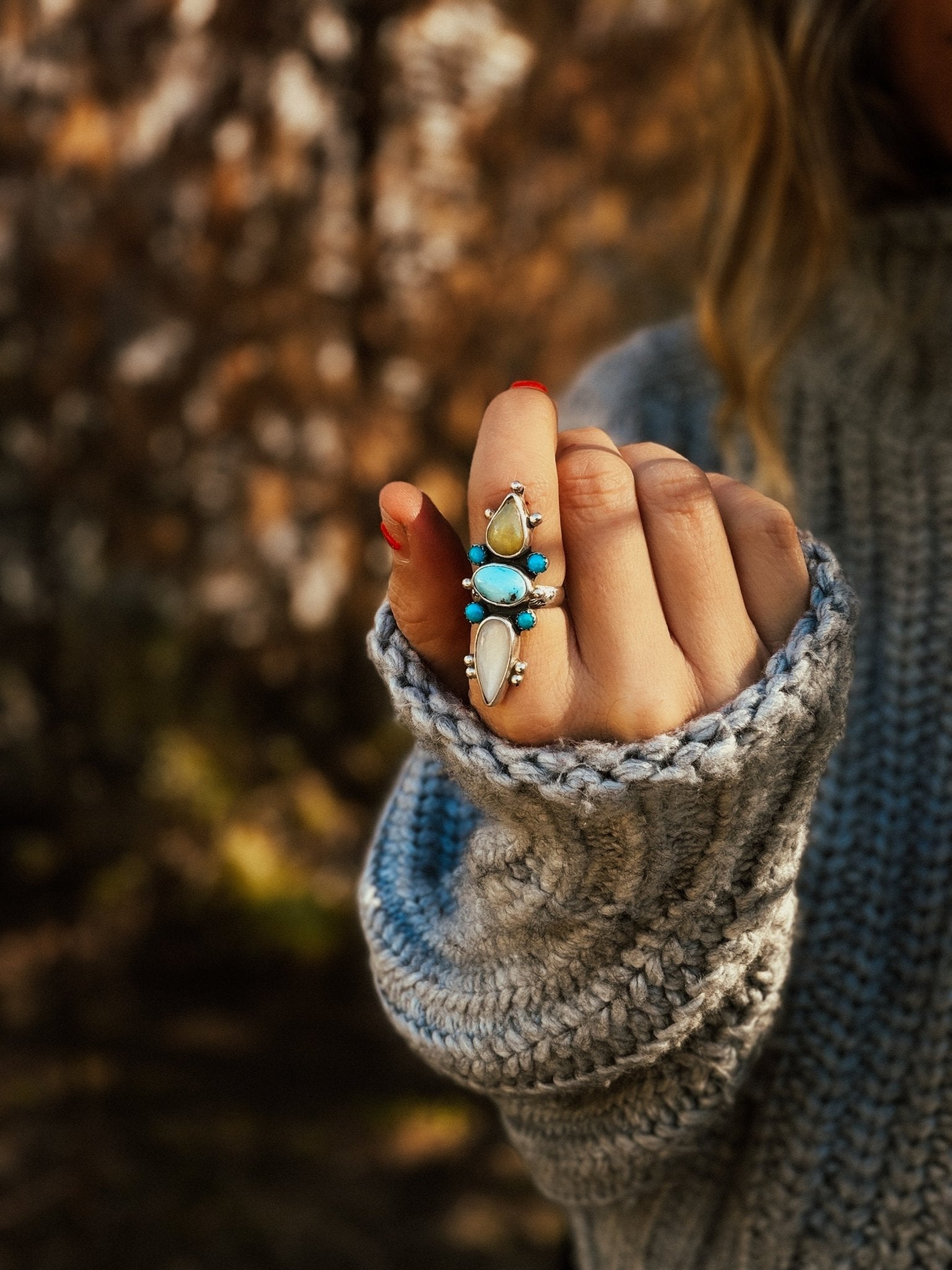 Cairn Ring in Golden Hills Turquoise, Ethiopian Opal, & Moonstone (Size 7) - Golden Road Crafted
