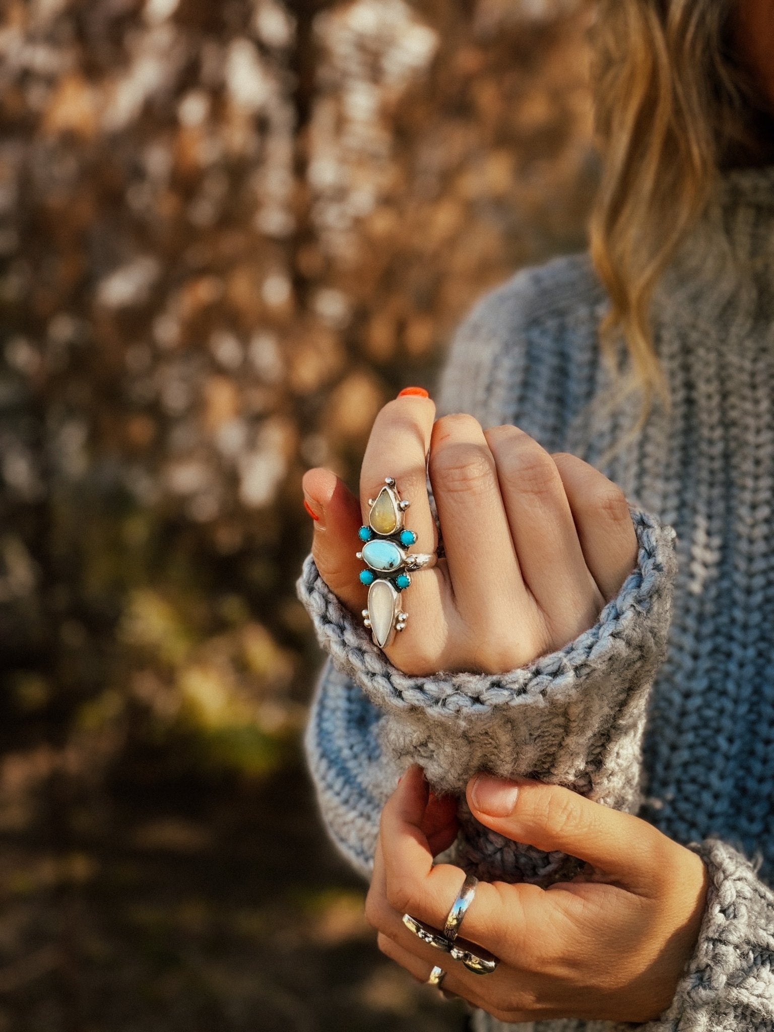 Cairn Ring in Golden Hills Turquoise, Ethiopian Opal, & Moonstone (Size 7) - Golden Road Crafted