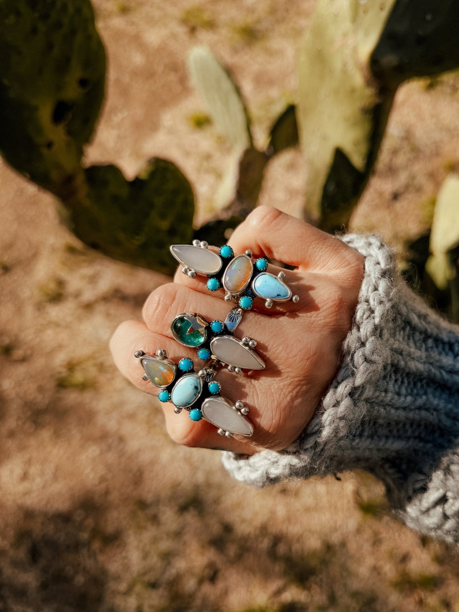 Cairn Ring in Golden Hills Turquoise, Ethiopian Opal, & Moonstone (Size 7) - Golden Road Crafted